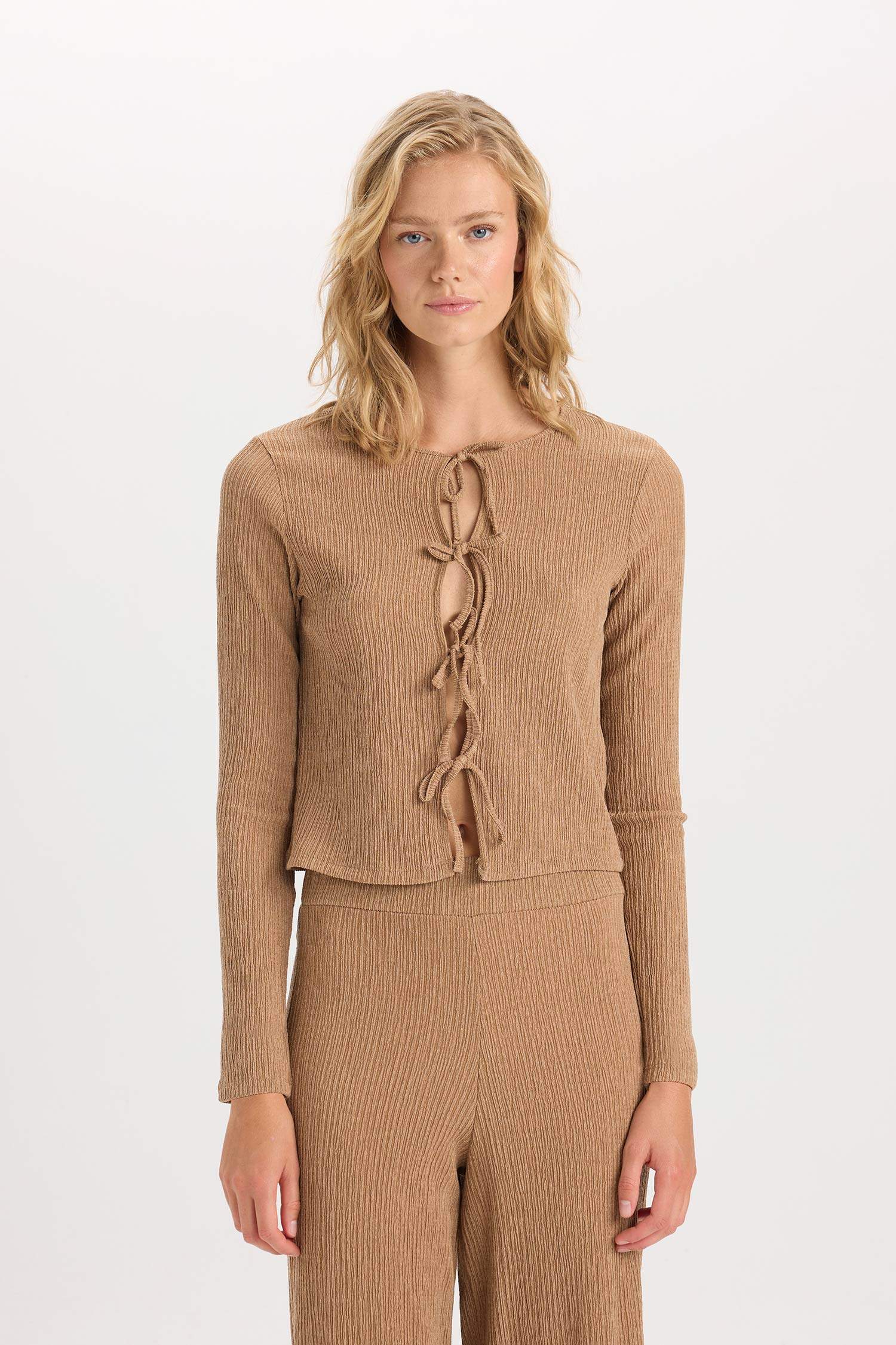 Bisiklet Yaka Basic Düz Bürümcük Uzun Kollu Önden Bağlamalı Hırka