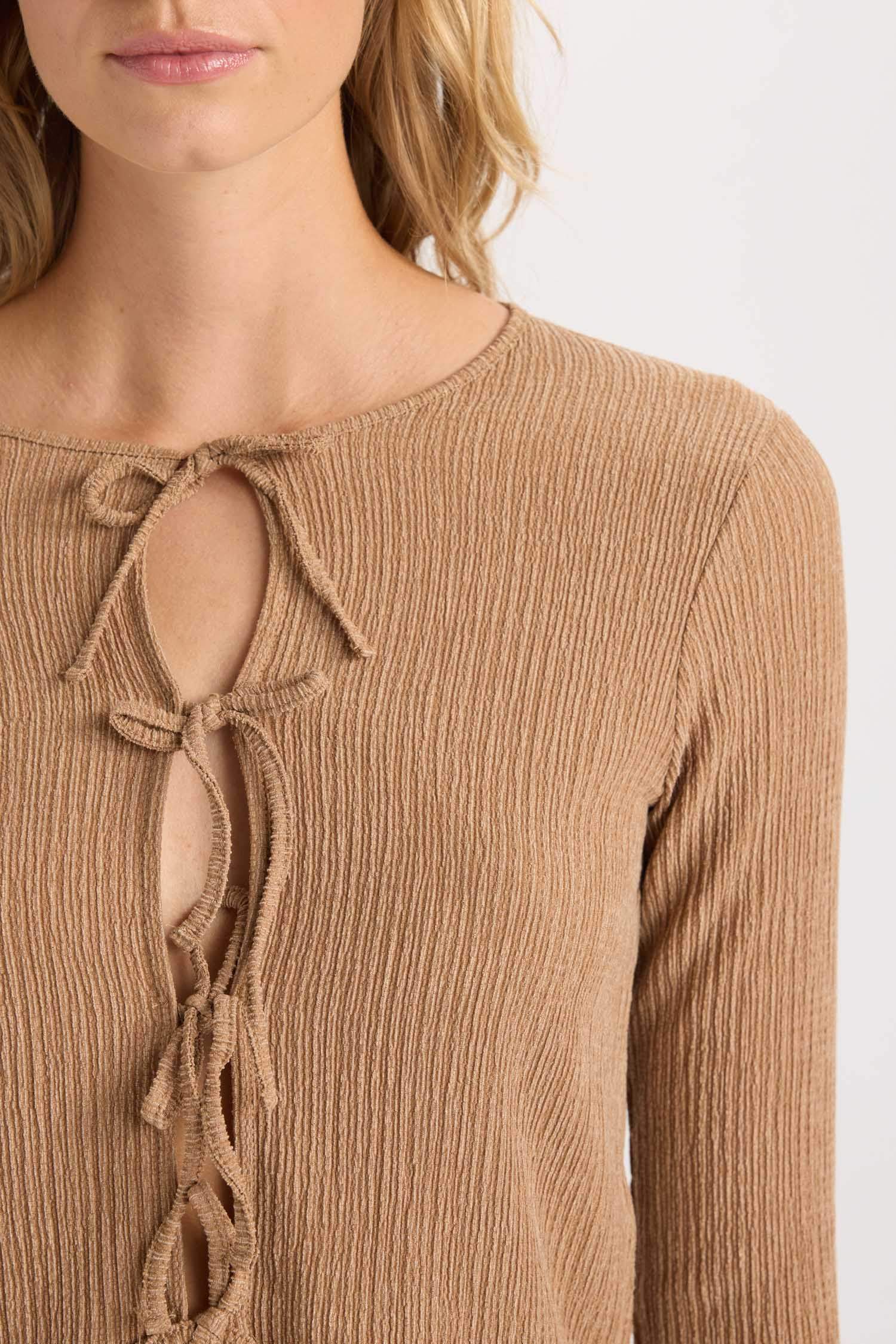 Bisiklet Yaka Basic Düz Bürümcük Uzun Kollu Önden Bağlamalı Hırka