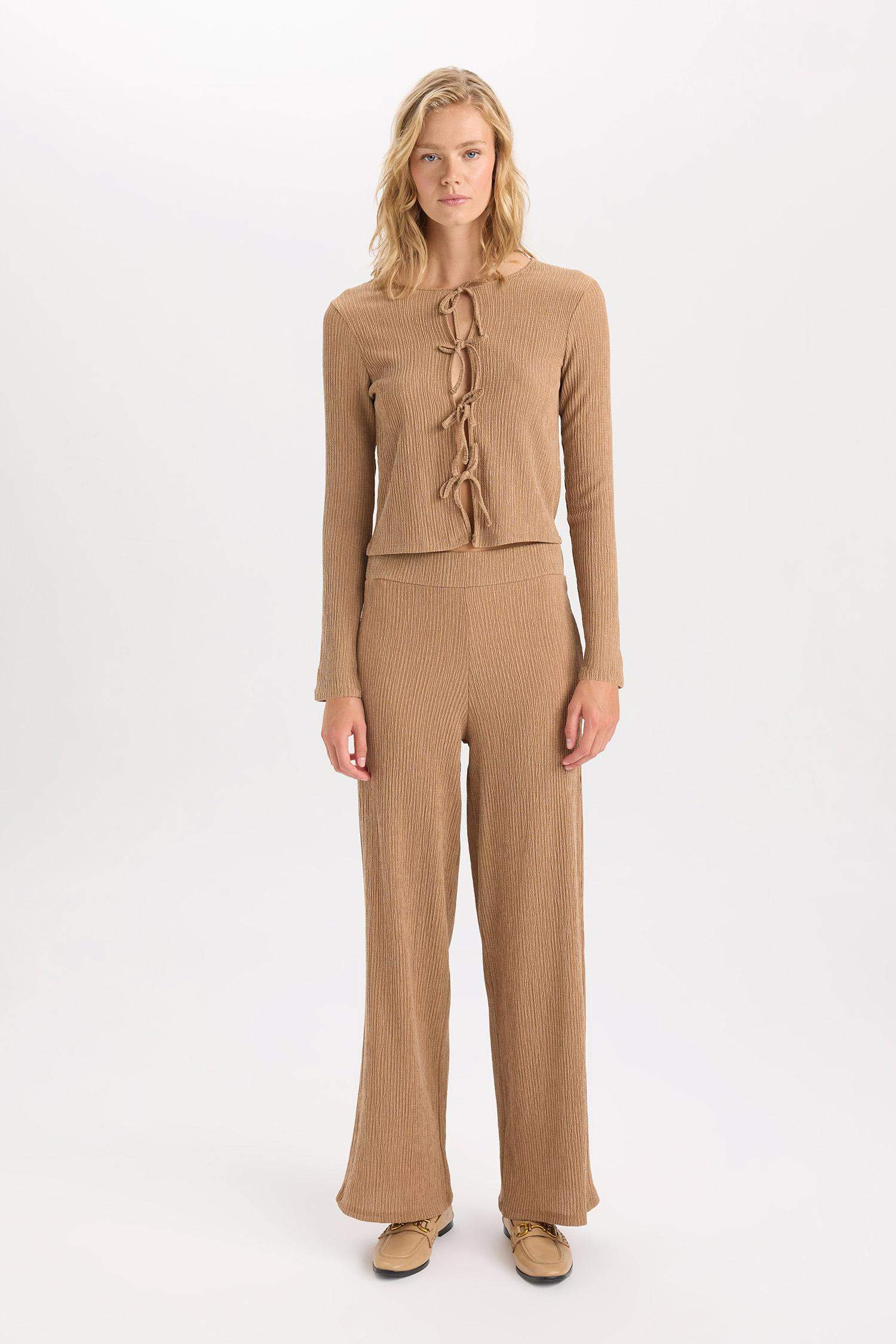 Wide Leg  Geniş Bol Paça Beli Lastikli Basic Düz Bürümcük Pantolon