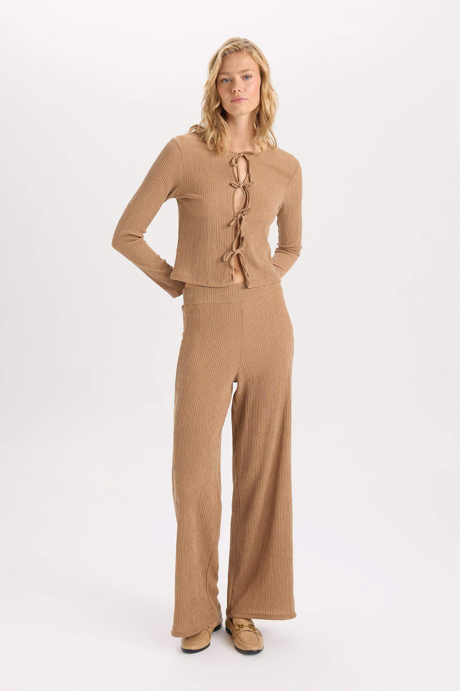 Wide Leg  Geniş Bol Paça Beli Lastikli Basic Düz Bürümcük Pantolon