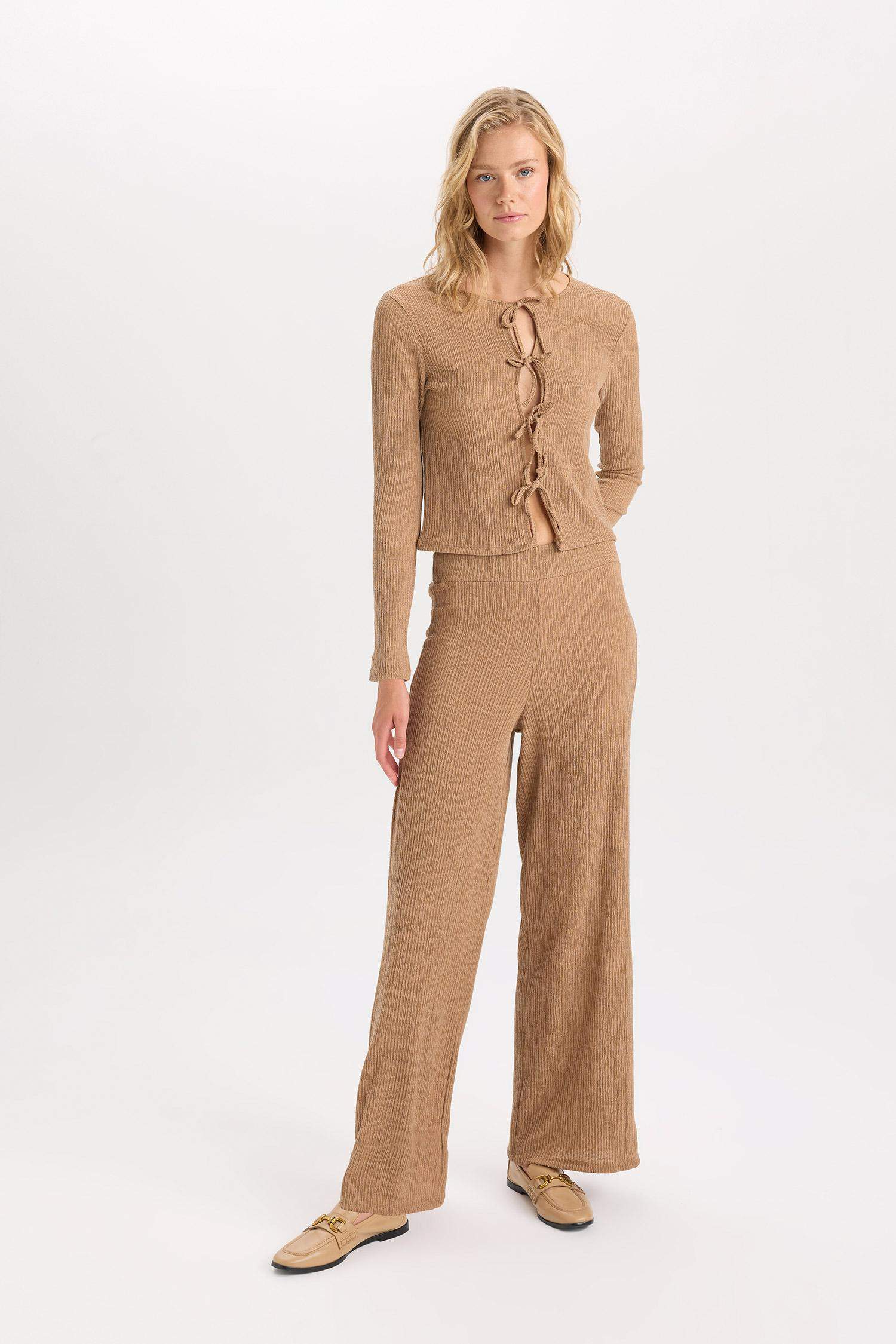 Wide Leg  Geniş Bol Paça Beli Lastikli Basic Düz Bürümcük Pantolon