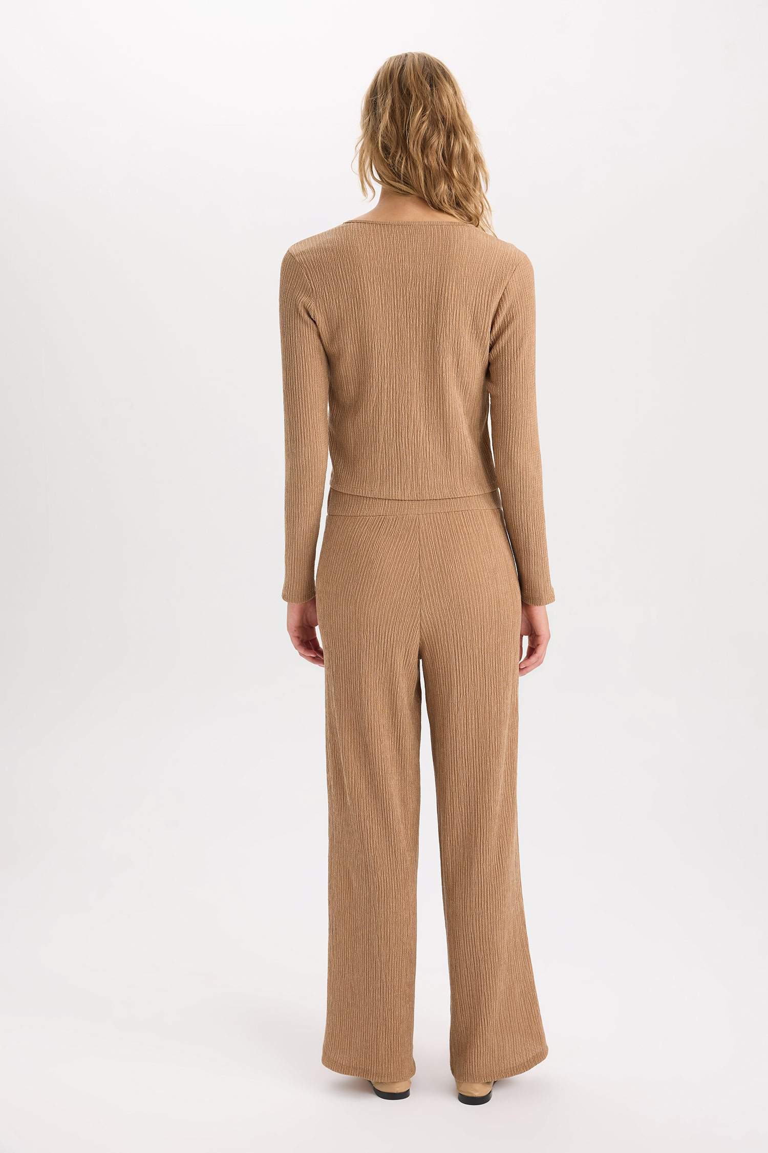 Wide Leg  Geniş Bol Paça Beli Lastikli Basic Düz Bürümcük Pantolon