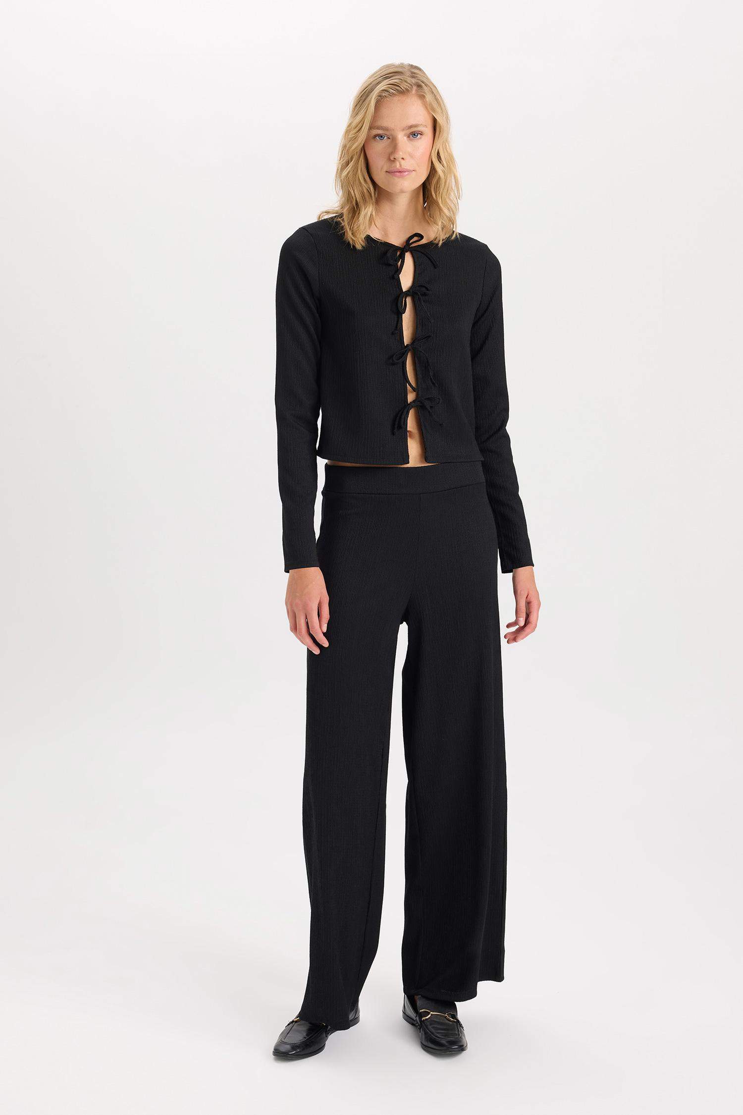 Wide Leg Geniş Bol Paça Beli Lastikli Basic Düz Bürümcük Pantolon