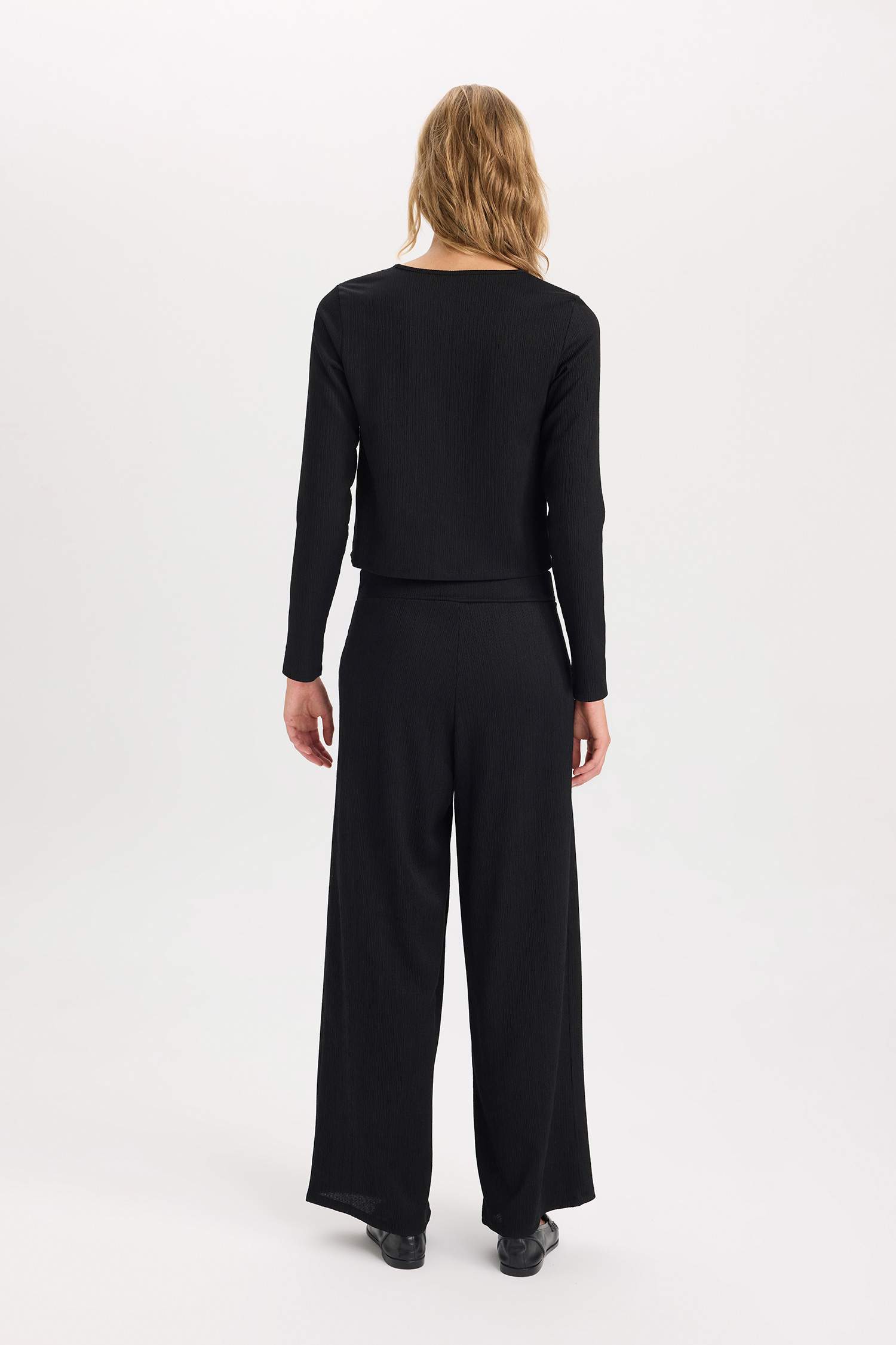 Wide Leg Geniş Bol Paça Beli Lastikli Basic Düz Bürümcük Pantolon