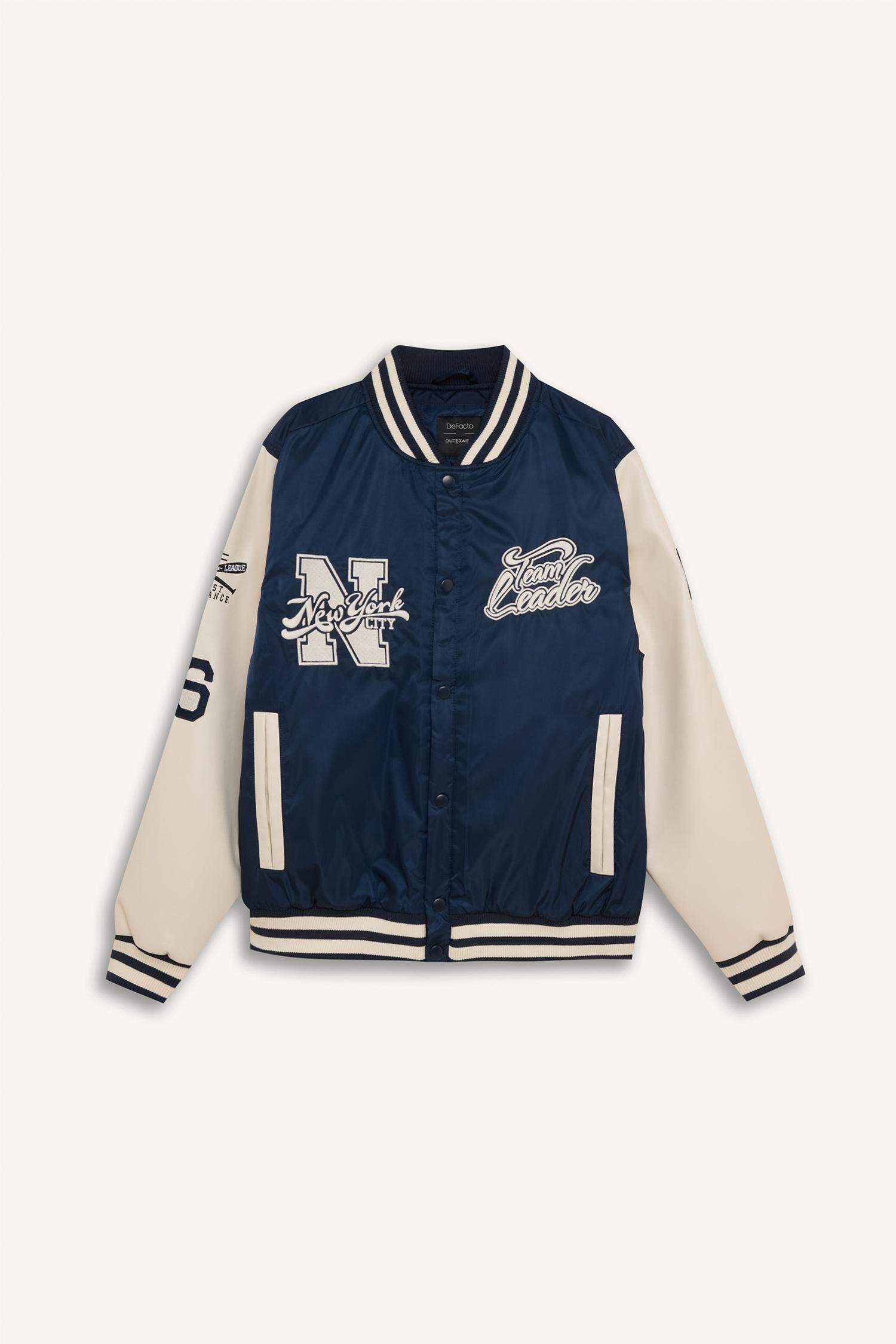 Su İtici Oversize Geniş Kalıp Bomber Kolej Yaka Cepli Nakışlı Çıtçıt Kapamalı Mont