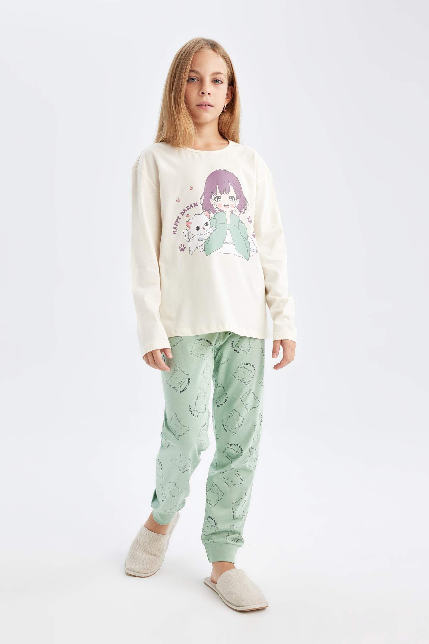 Kız Çocuk Pijama Takımı Baskılı Uzun Kollu Üst Beli Lastikli Uzun Alt