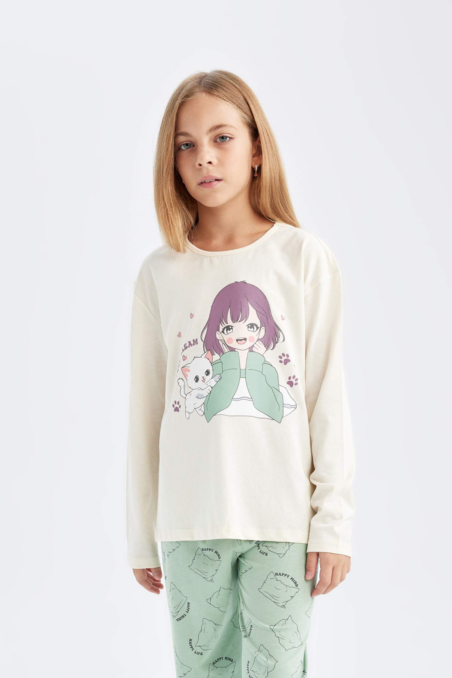 Kız Çocuk Pijama Takımı Baskılı Uzun Kollu Üst Beli Lastikli Uzun Alt