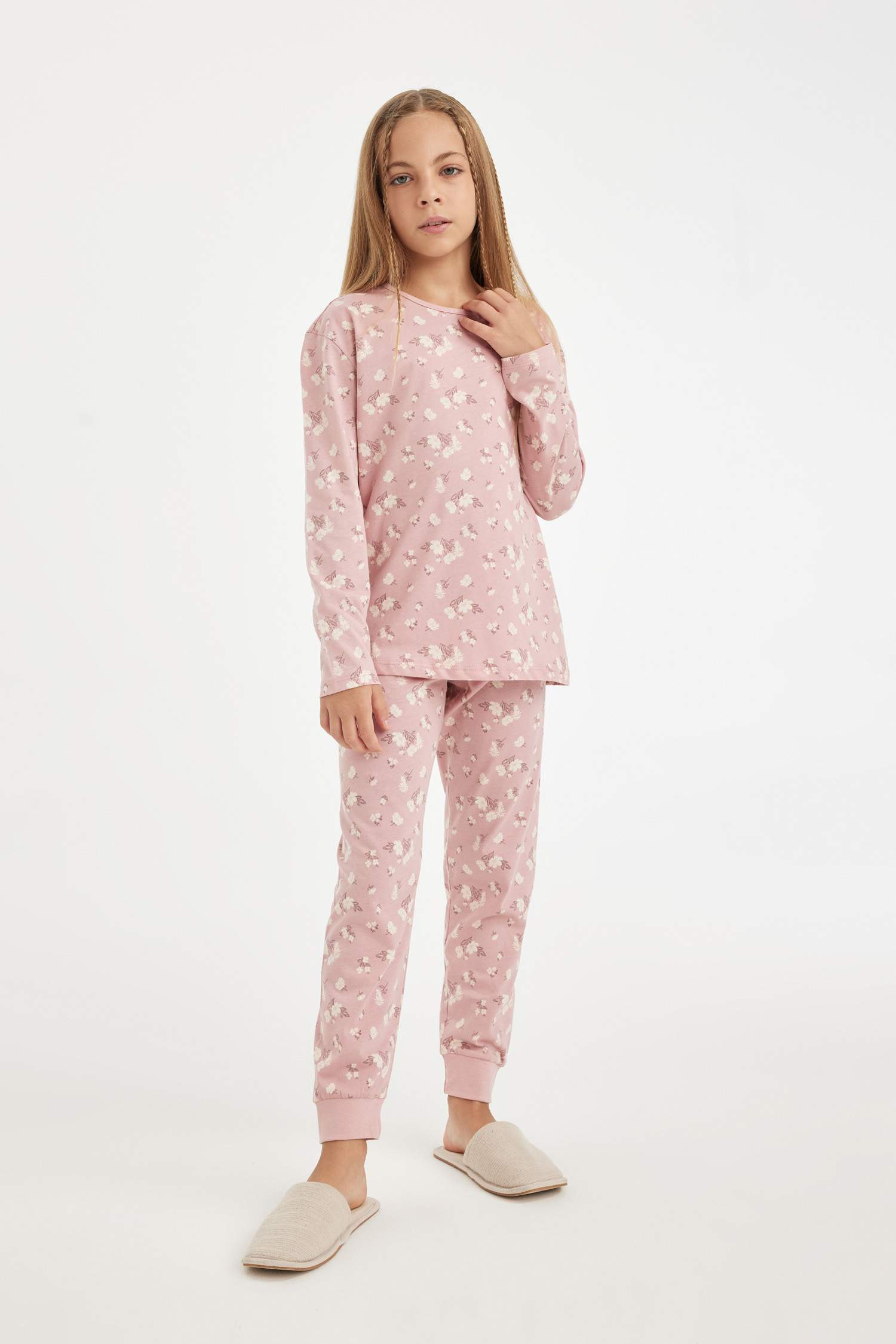 Kız Çocuk Pijama Takımı Desenli Uzun Kollu Üst Beli Lastikli Uzun Alt