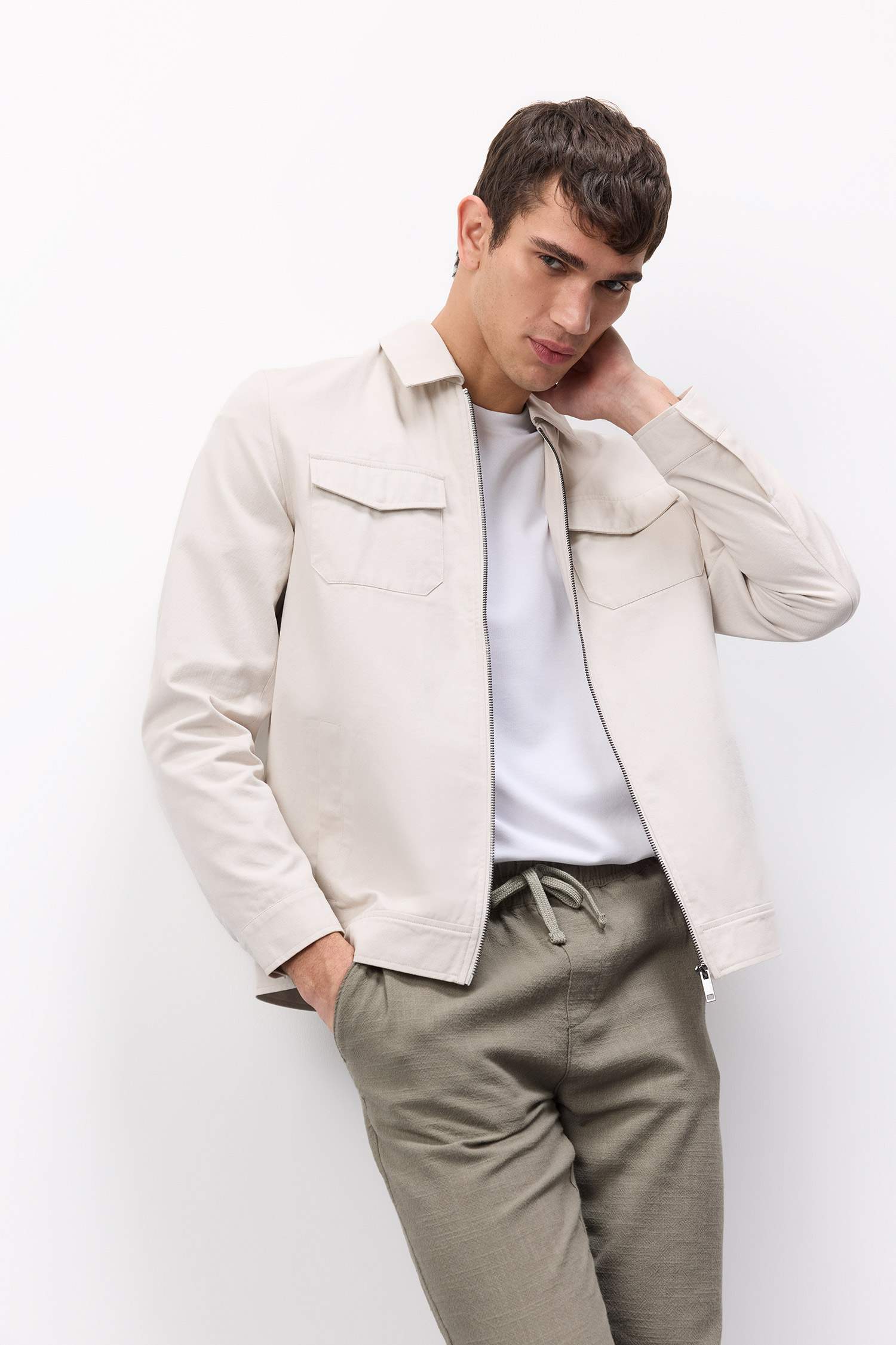 %100 Pamuk Regular Fit Gömlek Yaka Fermuarlı Cepli Mevsimlik Baharlık Mont