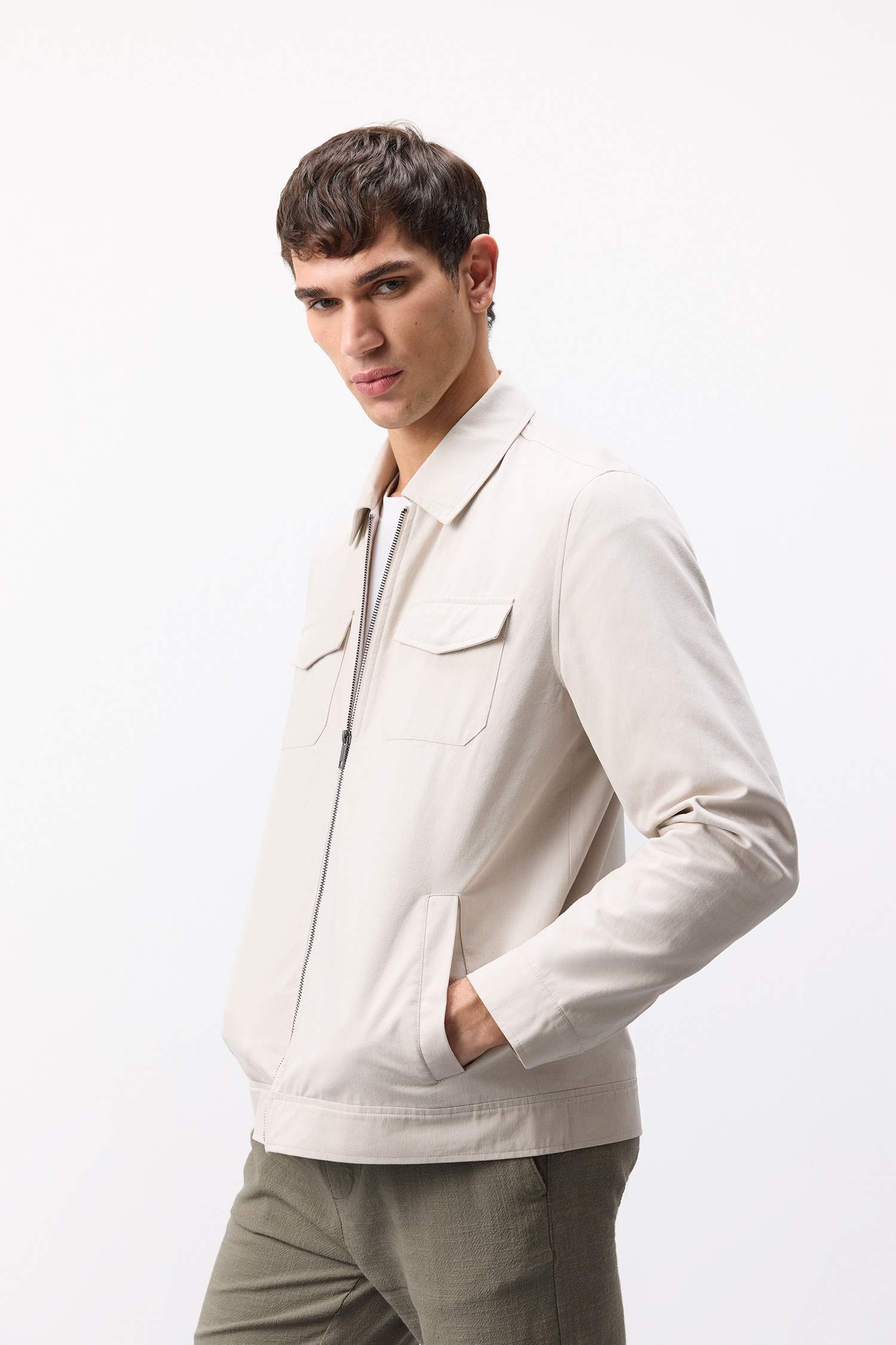 %100 Pamuk Regular Fit Gömlek Yaka Fermuarlı Cepli Mevsimlik Baharlık Mont