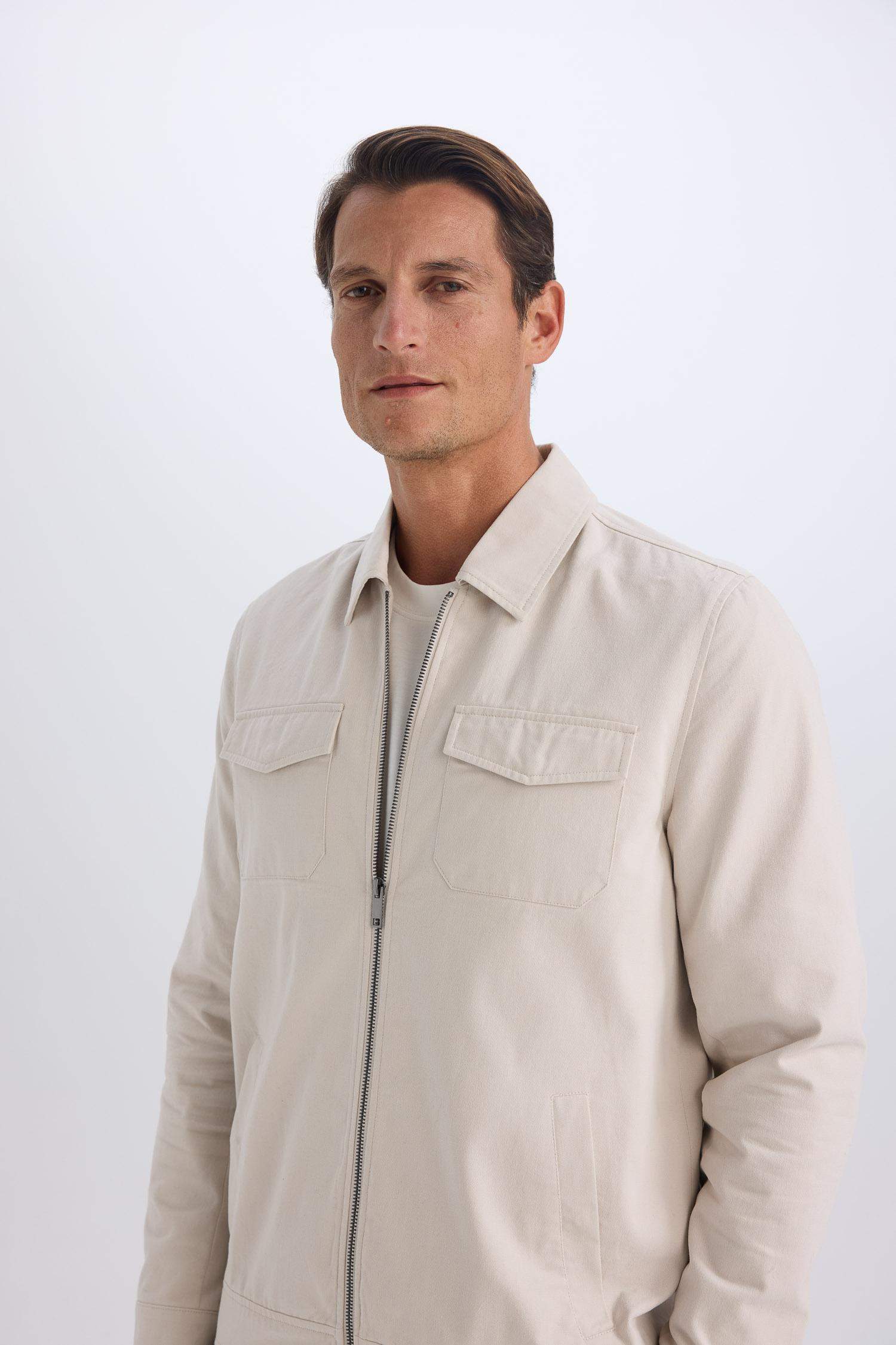 %100 Pamuk Regular Fit Gömlek Yaka Fermuarlı Cepli Mevsimlik Baharlık Mont