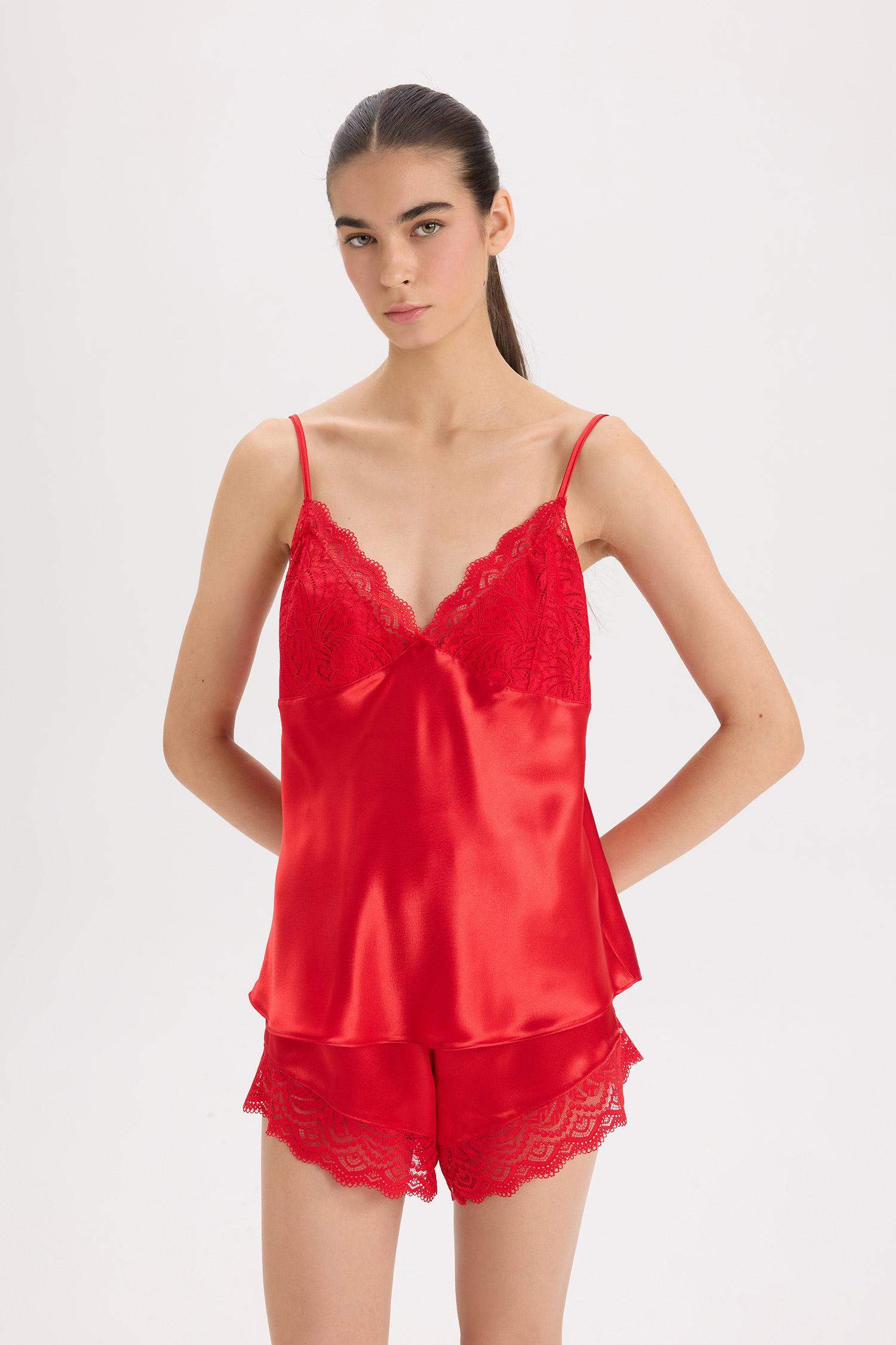 Saten Pijama Takım Askılı Dantelli Tül Üst Beli Lastikli Kısa Şort