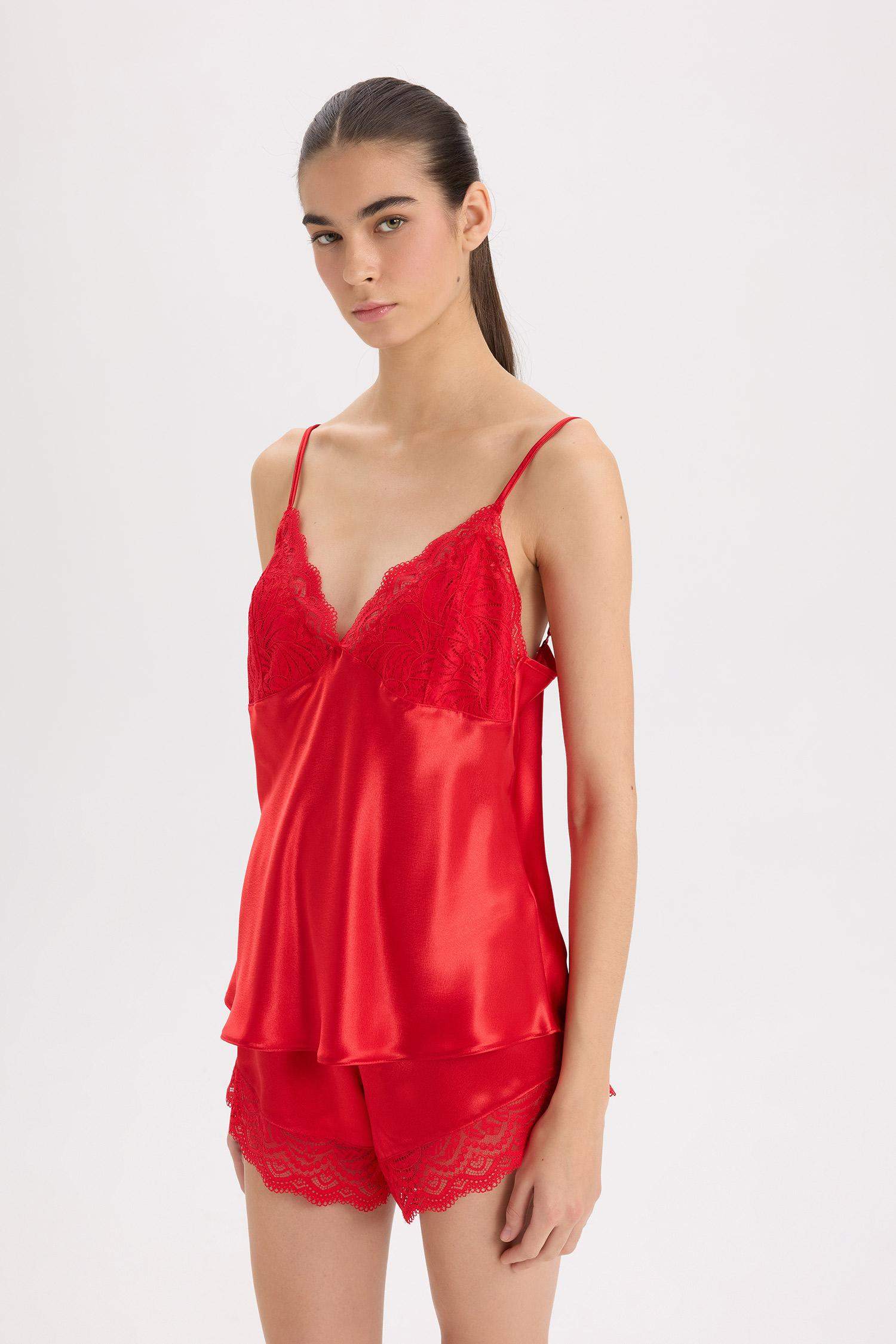 Saten Pijama Takım Askılı Dantelli Tül Üst Beli Lastikli Kısa Şort