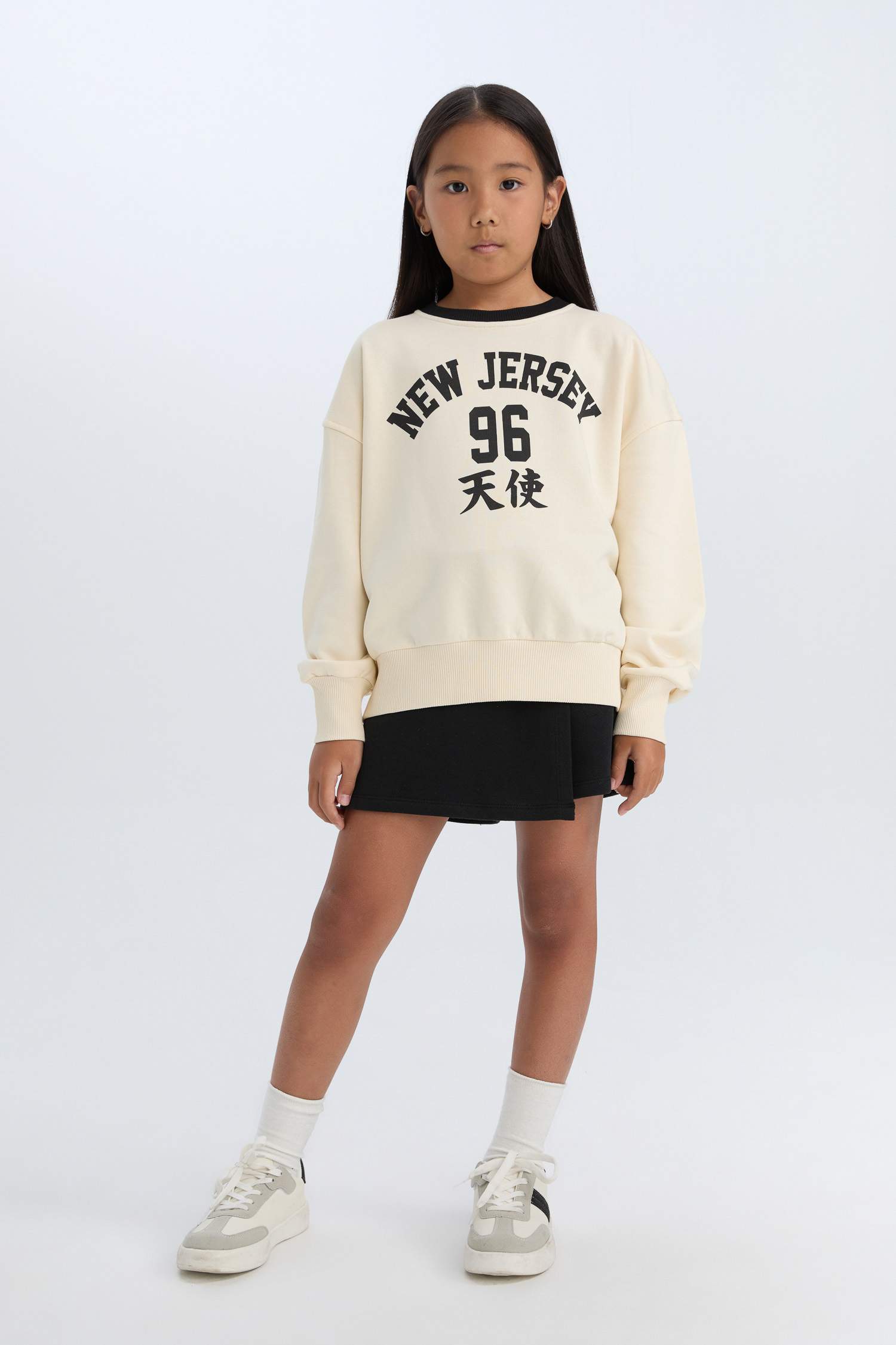 Kız Çocuk 2'li Takım Baskılı Sweatshirt Şort Etek