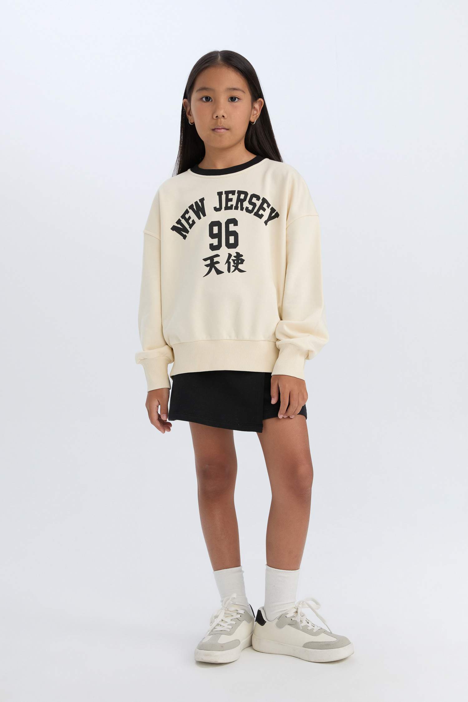 Kız Çocuk 2'li Takım Baskılı Sweatshirt Şort Etek