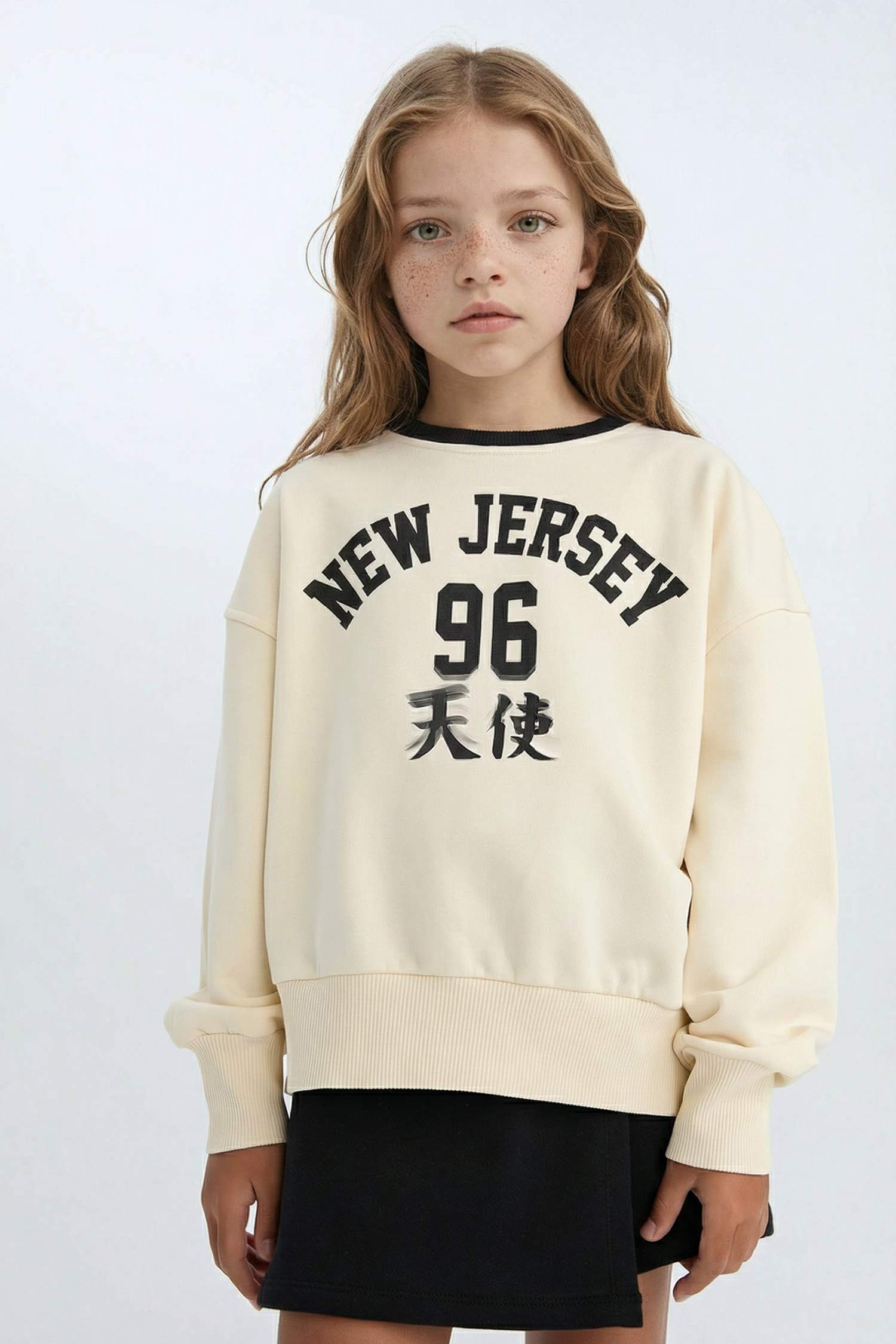 Kız Çocuk 2'li Takım Baskılı Sweatshirt Şort Etek