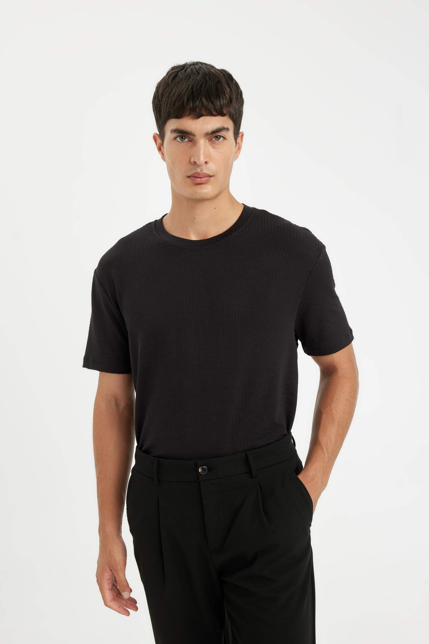 Regular Fit Crew Neck Crinkle Short Sleeve T-Shirt