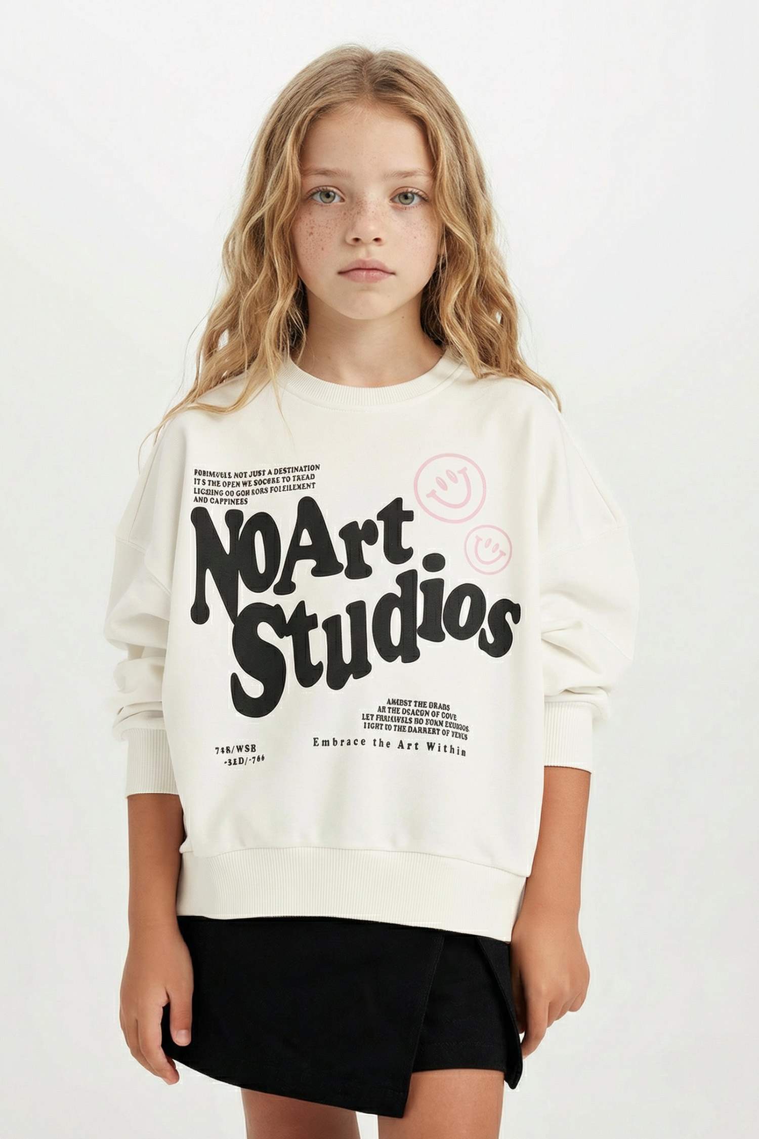 Oversize Geniş Kalıp Bisiklet Yaka Baskılı Sweatshirt Kız Çocuk