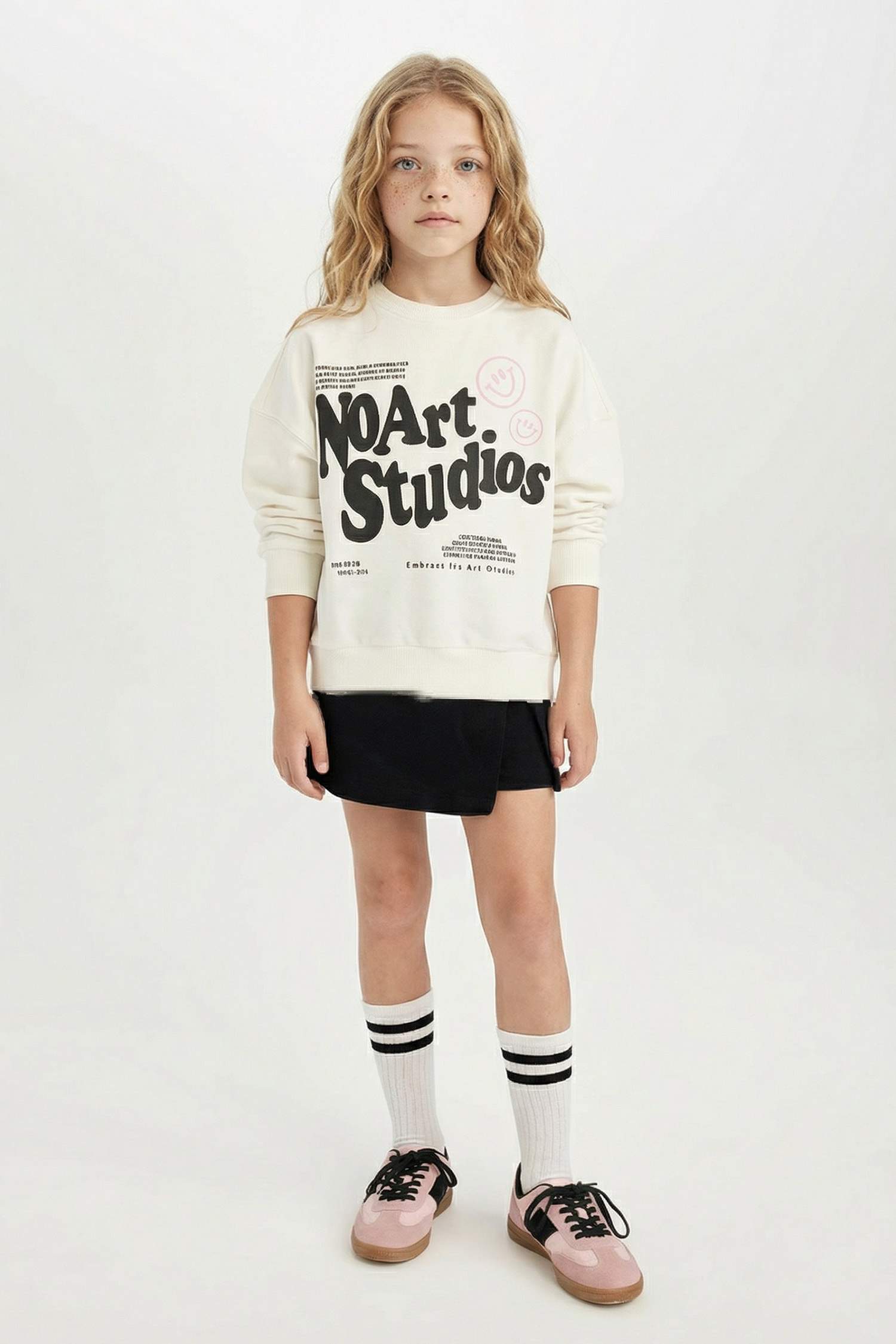 Oversize Geniş Kalıp Bisiklet Yaka Baskılı Sweatshirt Kız Çocuk