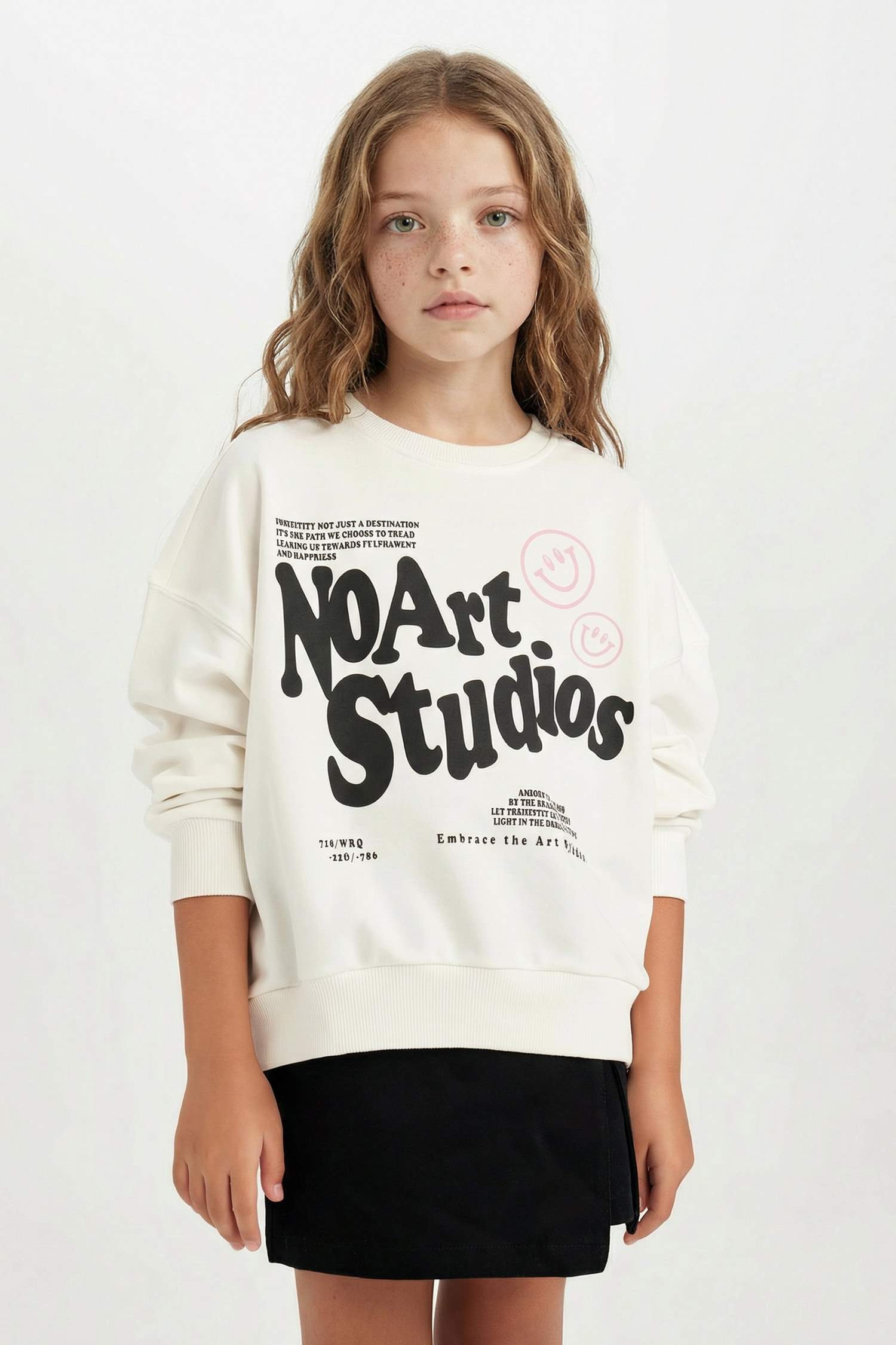 Oversize Geniş Kalıp Bisiklet Yaka Baskılı Sweatshirt Kız Çocuk