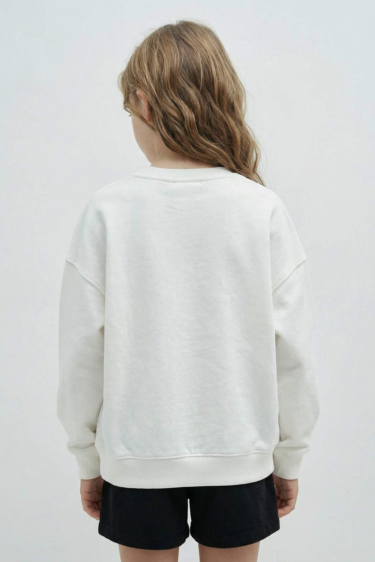 Oversize Geniş Kalıp Bisiklet Yaka Baskılı Sweatshirt Kız Çocuk