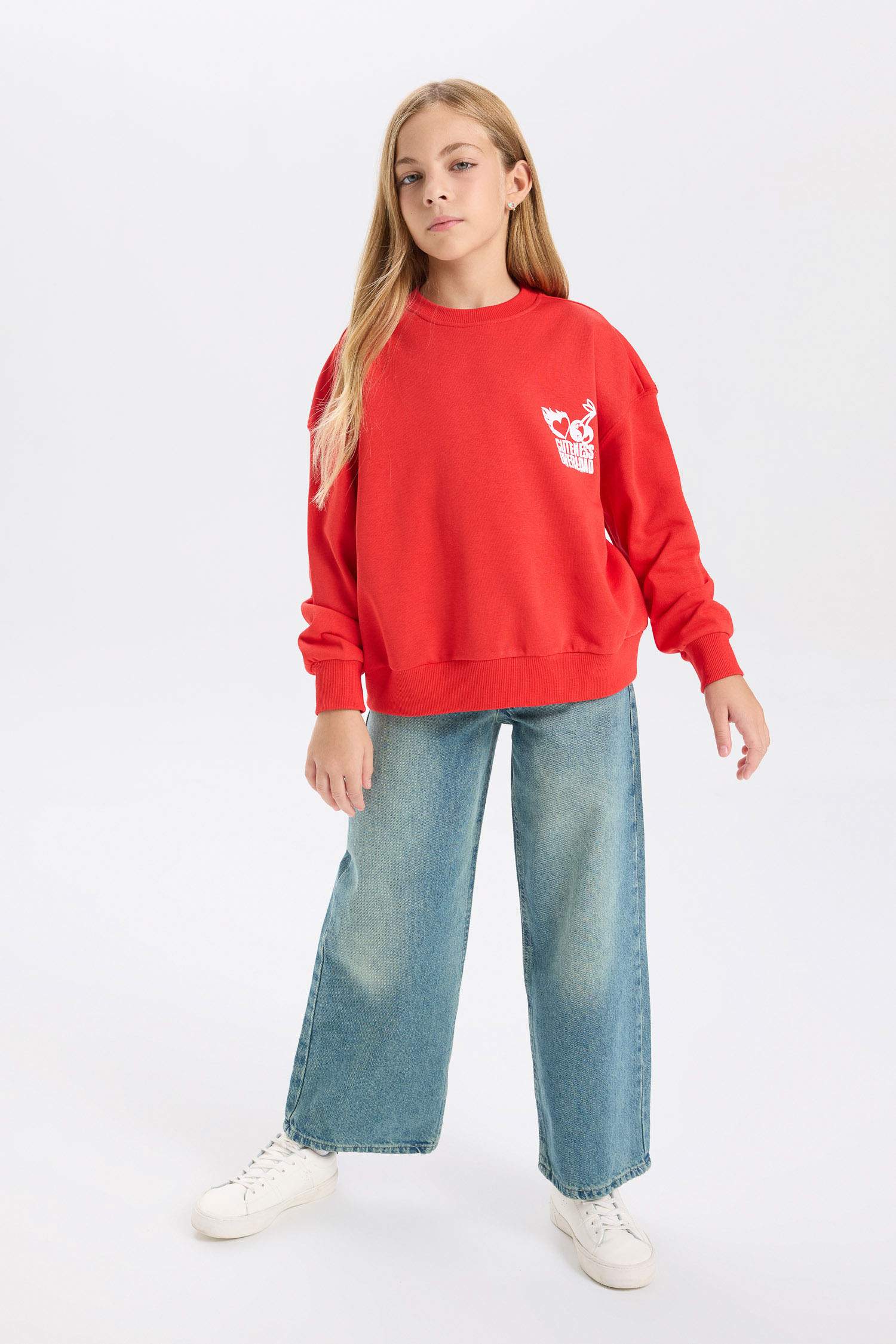 Kız Çocuk Oversize Geniş Kalıp Bisiklet Yaka Sırt Baskılı Sweatshirt