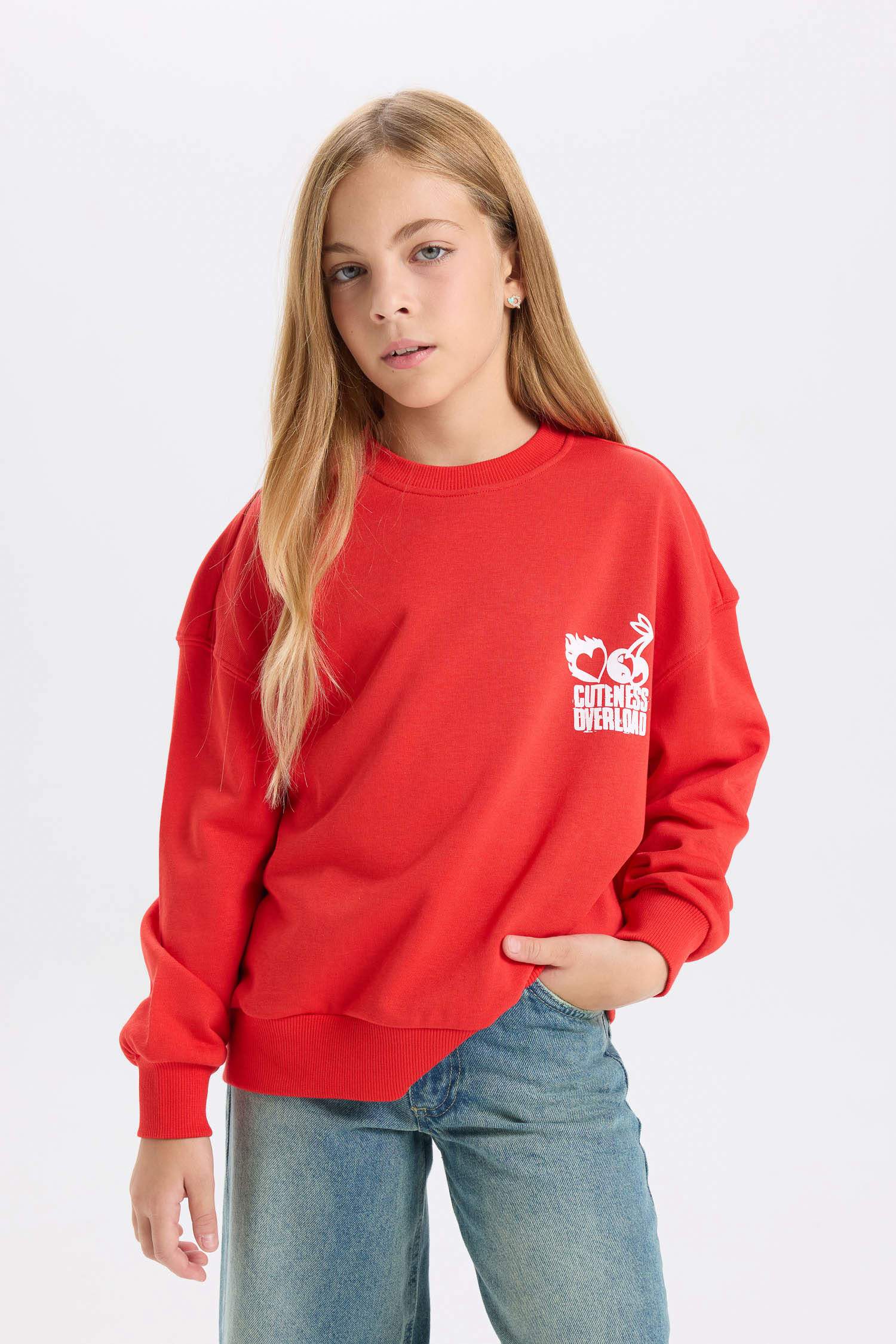 Kız Çocuk Oversize Geniş Kalıp Bisiklet Yaka Sırt Baskılı Sweatshirt