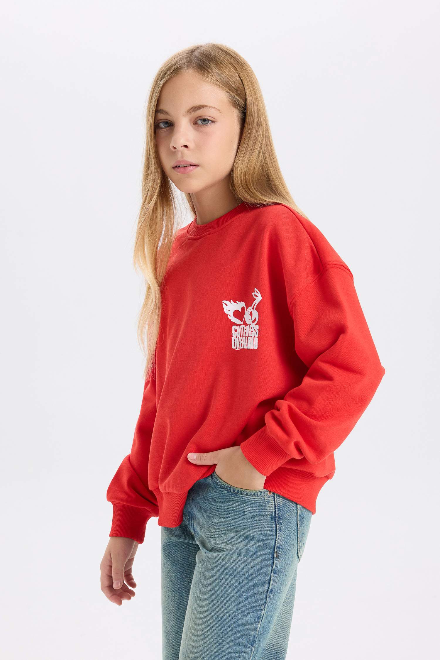 Kız Çocuk Oversize Geniş Kalıp Bisiklet Yaka Sırt Baskılı Sweatshirt