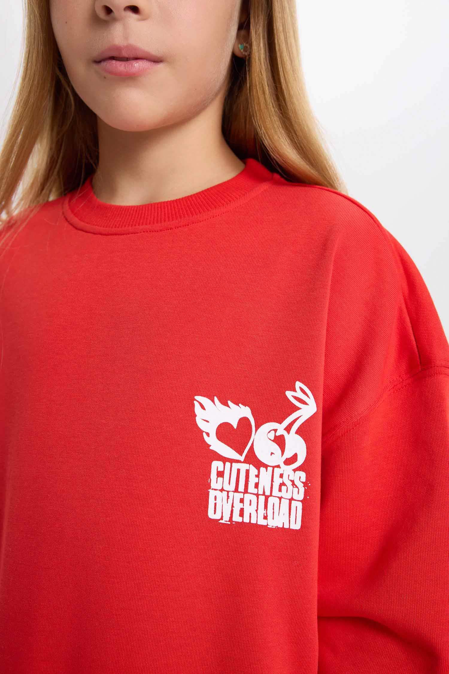 Kız Çocuk Oversize Geniş Kalıp Bisiklet Yaka Sırt Baskılı Sweatshirt