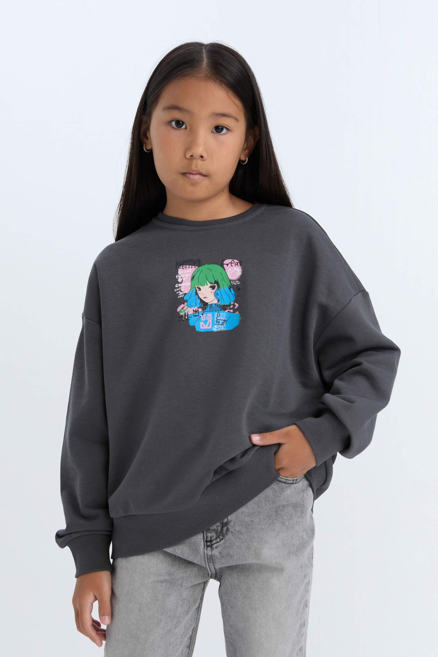 Kız Çocuk Relax Fit Bisiklet Yaka Baskılı Sweatshirt