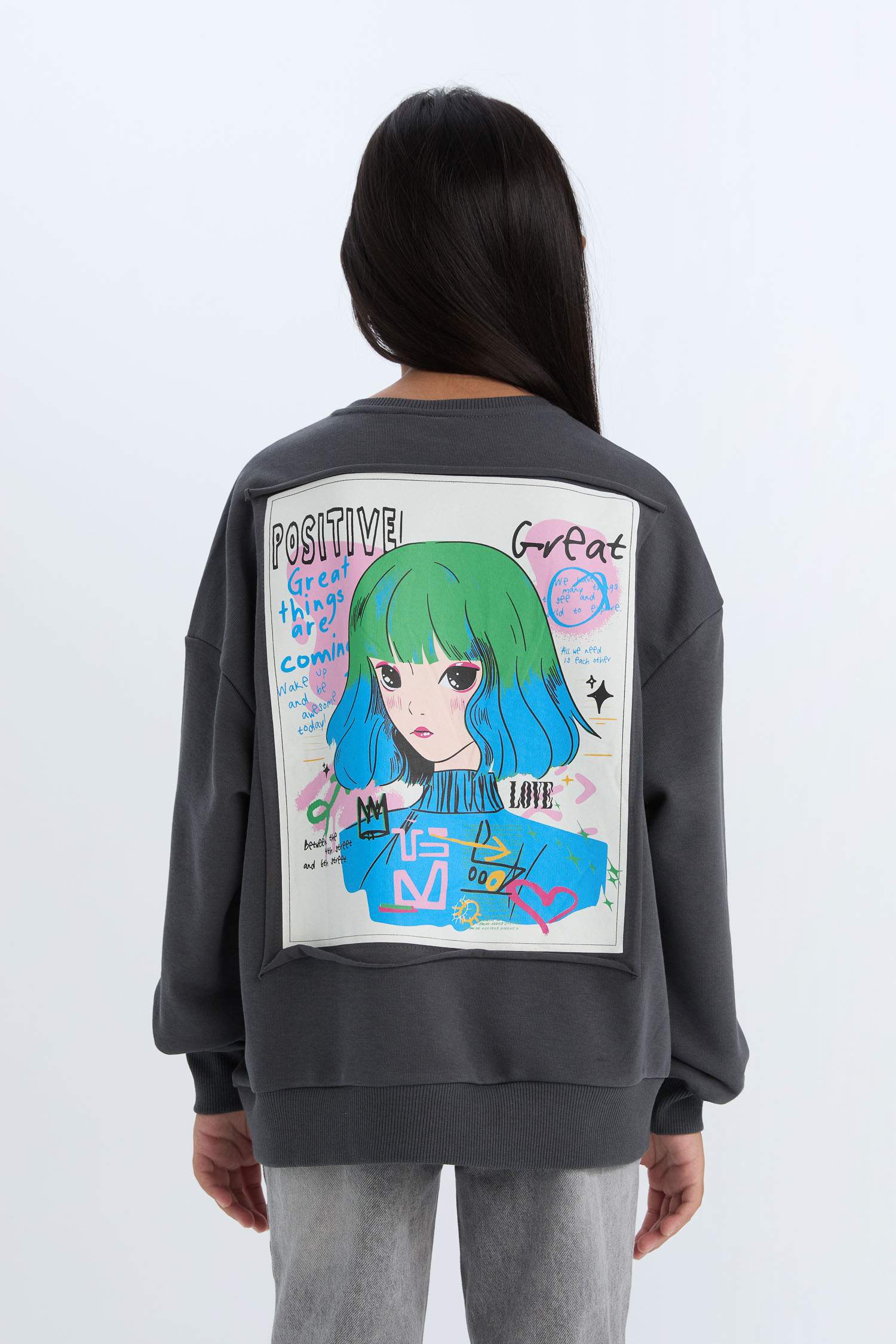 Kız Çocuk Relax Fit Bisiklet Yaka Baskılı Sweatshirt