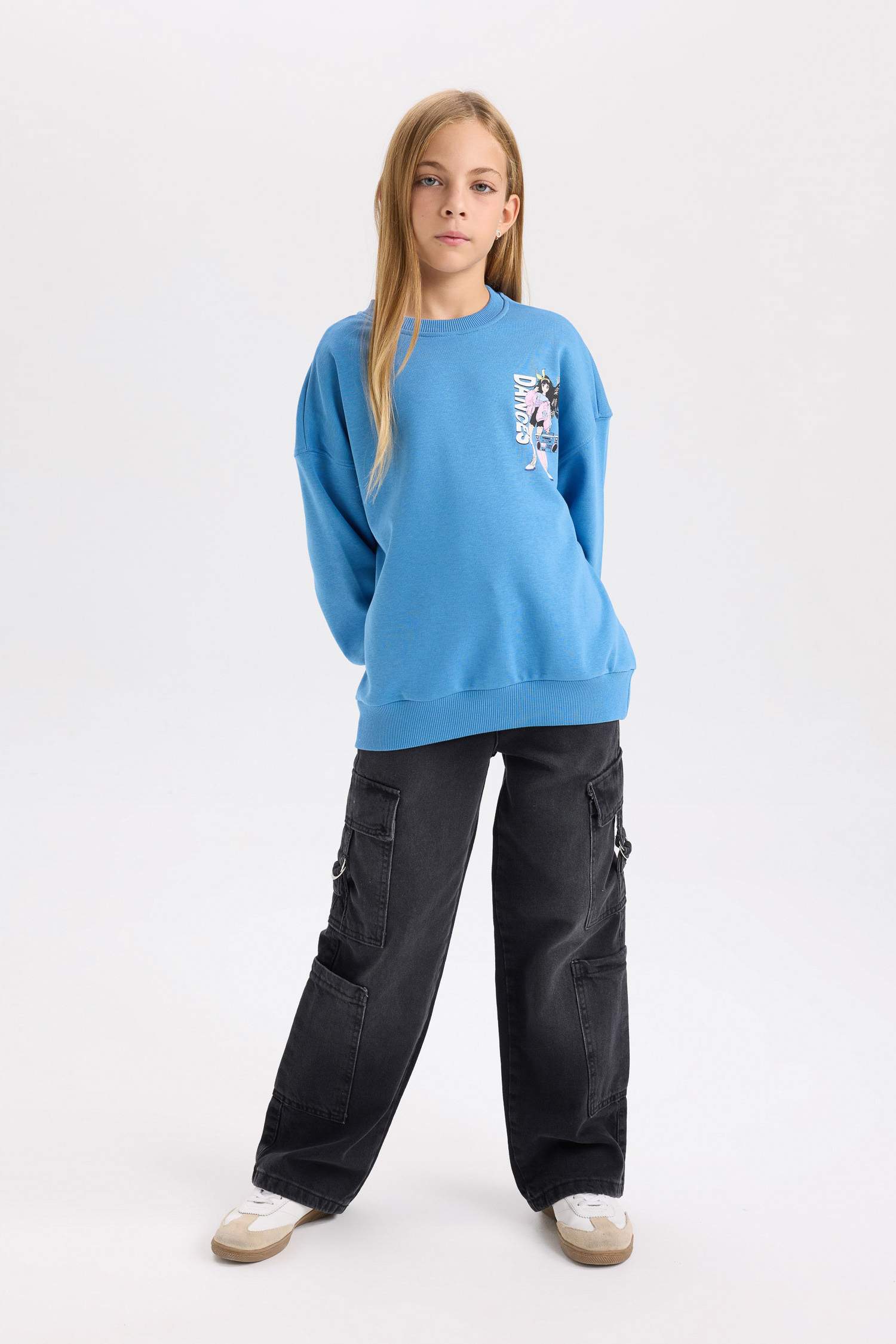 Kız Çocuk Relax Fit Bisiklet Yaka Sırt Baskılı Sweatshirt