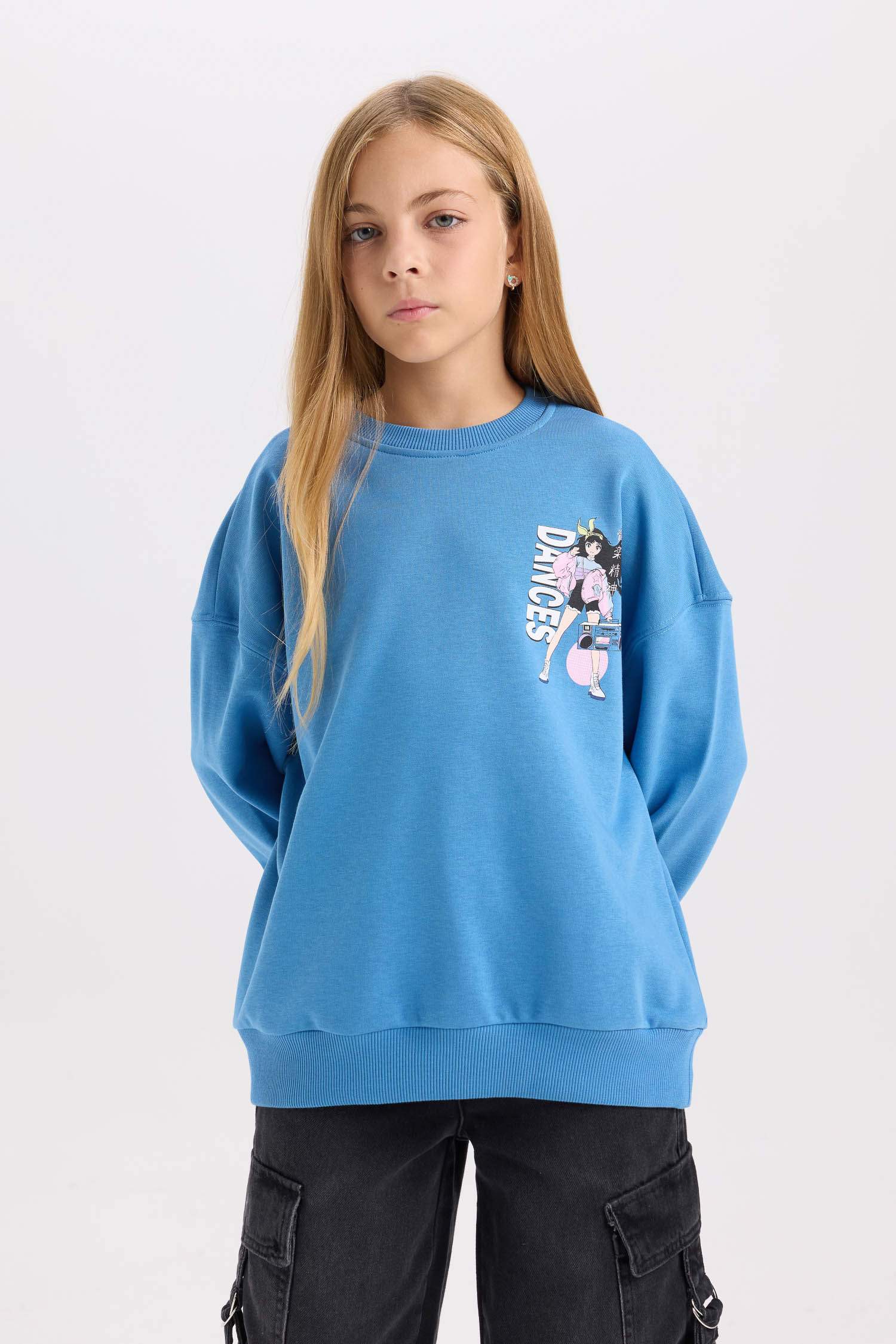 Kız Çocuk Relax Fit Bisiklet Yaka Sırt Baskılı Sweatshirt