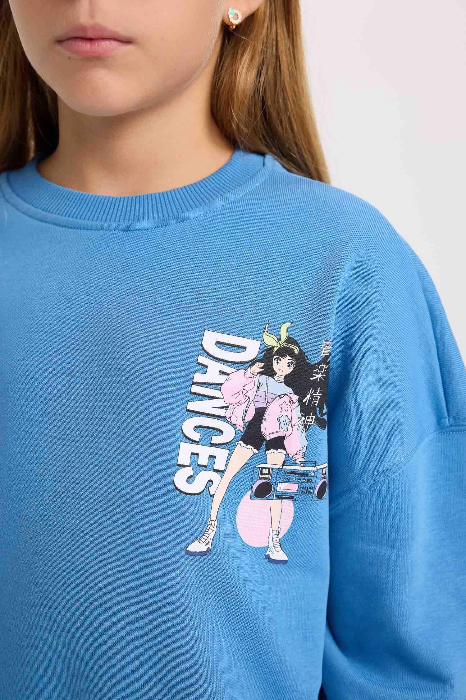 Kız Çocuk Relax Fit Bisiklet Yaka Sırt Baskılı Sweatshirt