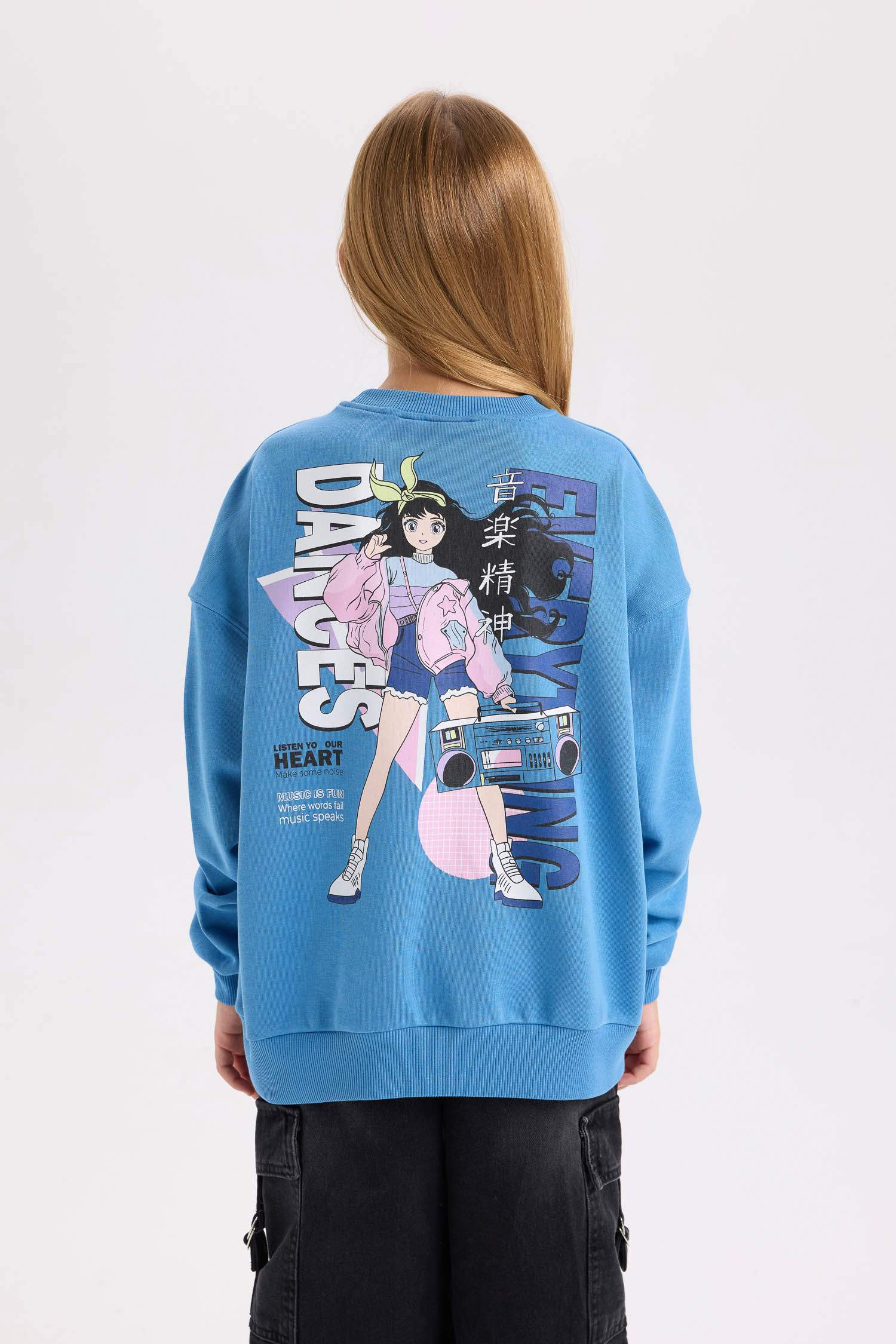 Kız Çocuk Relax Fit Bisiklet Yaka Sırt Baskılı Sweatshirt