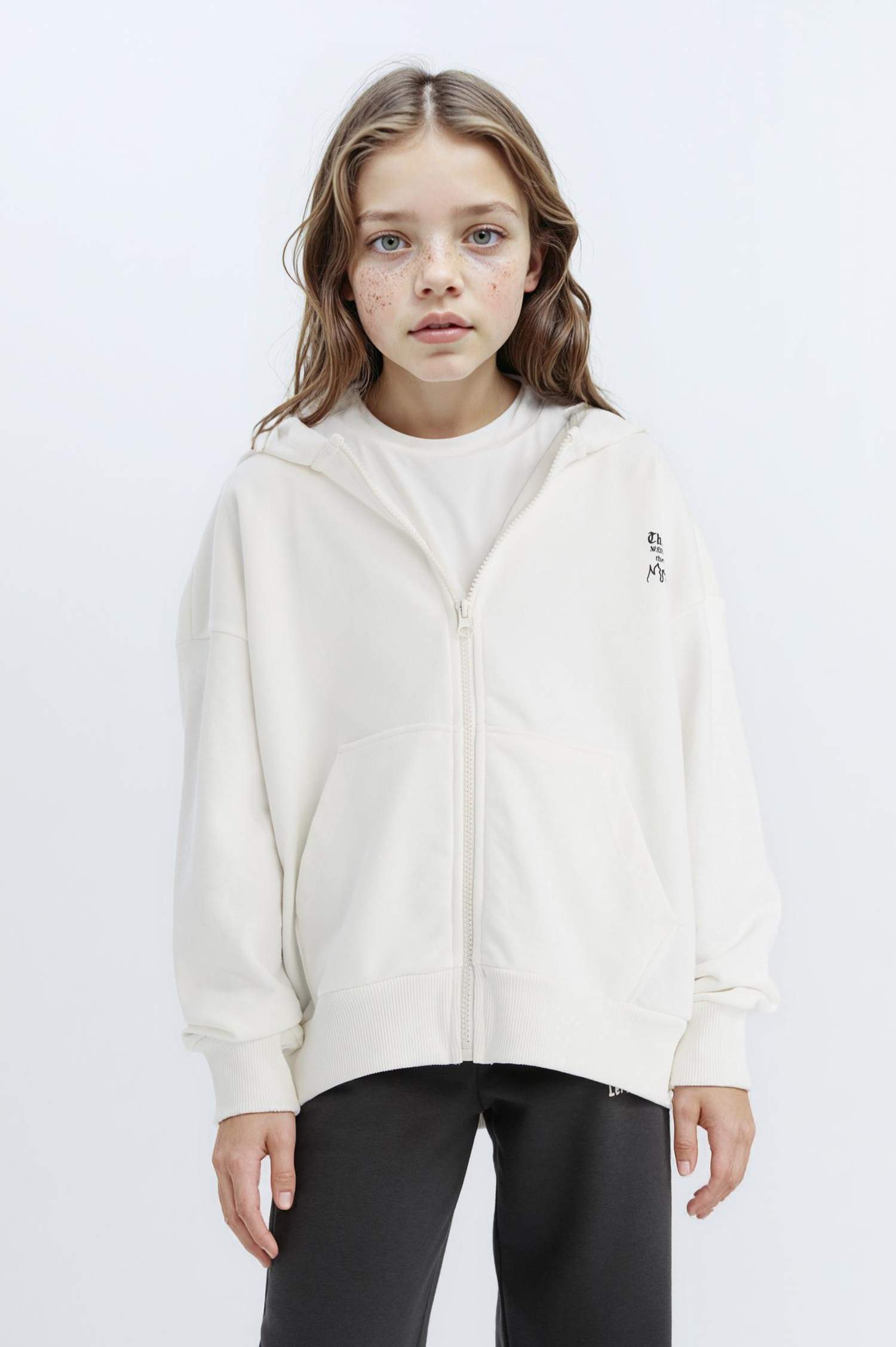 Kız Çocuk Oversize Geniş Kalıp Kapüşonlu Baskılı Fermuarlı Sweatshirt