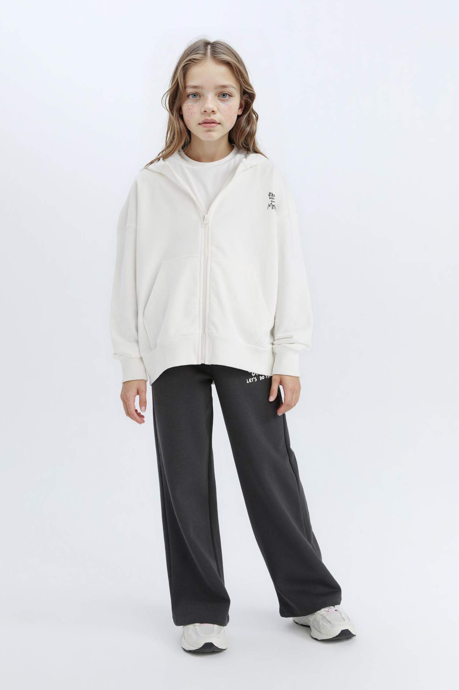 Kız Çocuk Oversize Geniş Kalıp Kapüşonlu Baskılı Fermuarlı Sweatshirt