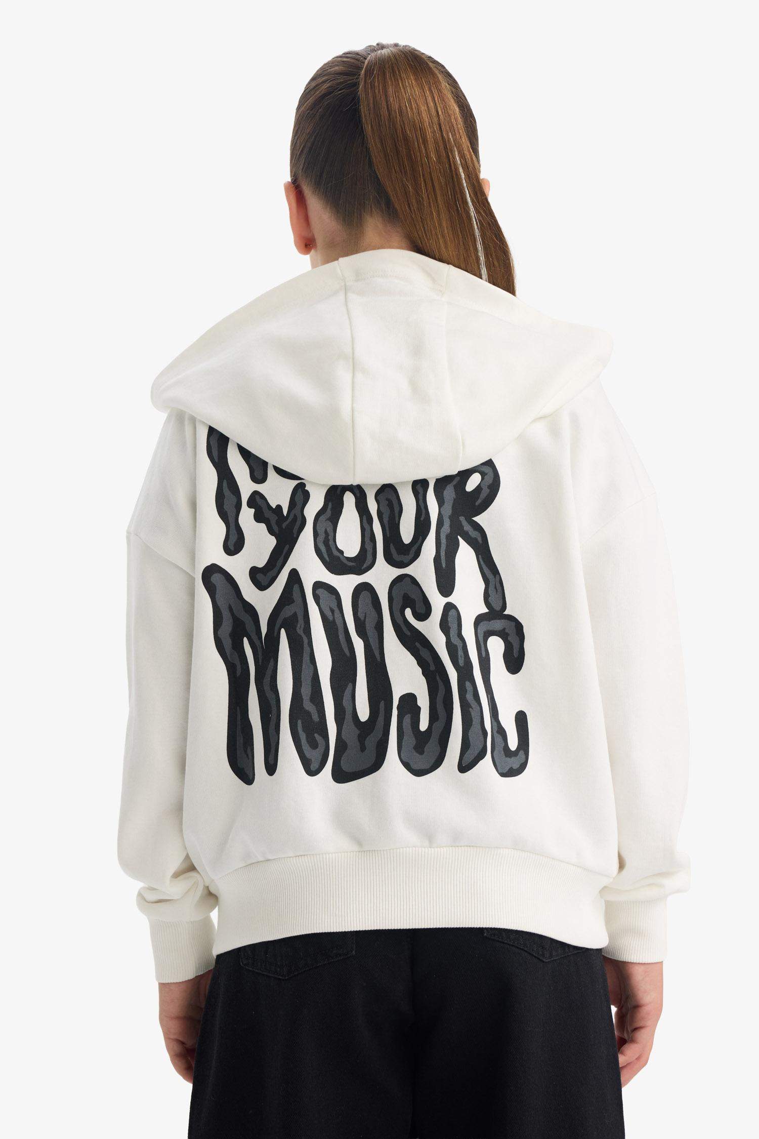 Kız Çocuk Oversize Geniş Kalıp Kapüşonlu Baskılı Fermuarlı Sweatshirt