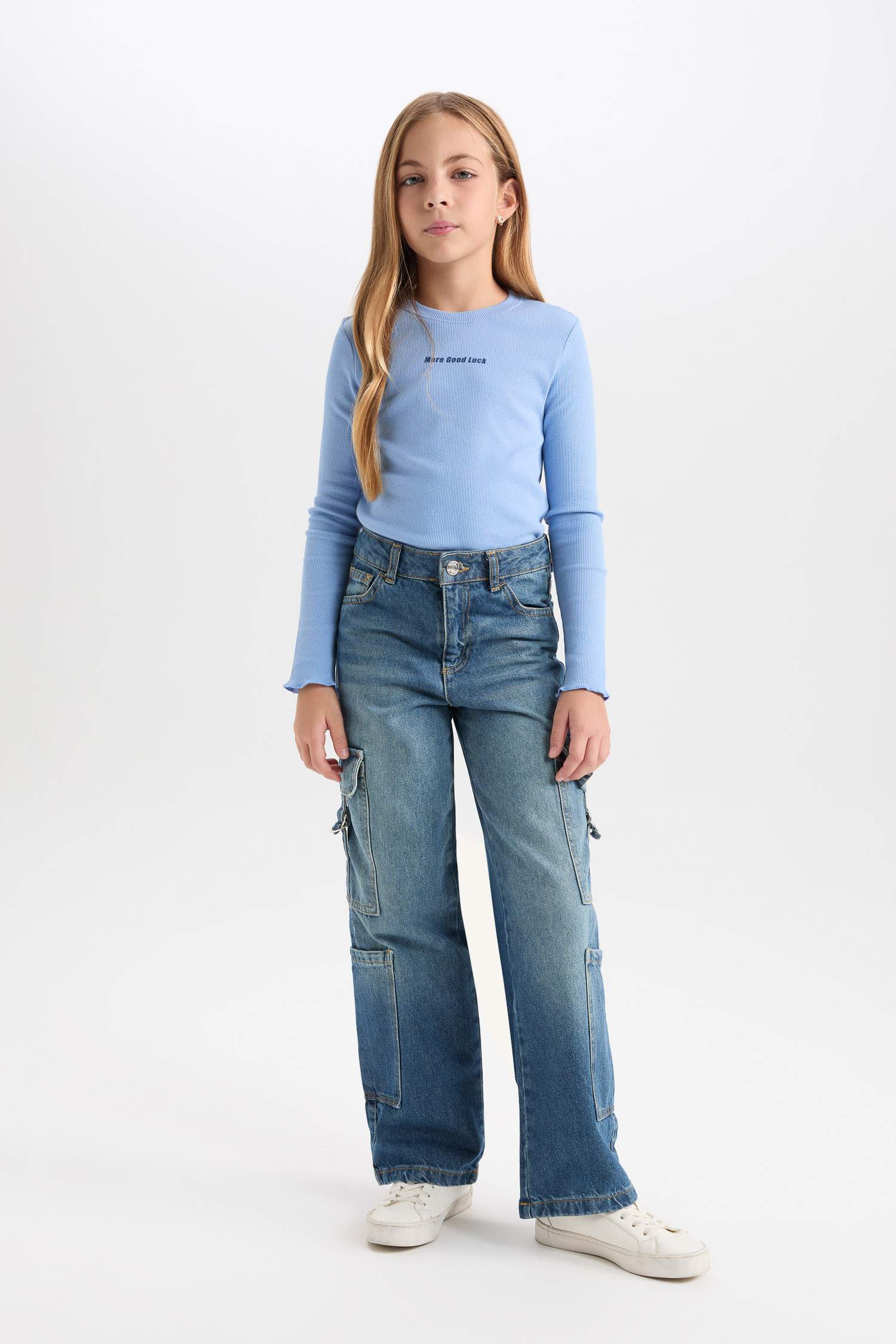 Kız Çocuk Bisiklet Yaka Baskılı Fitilli Kaşkorse Uzun Kollu Tişört