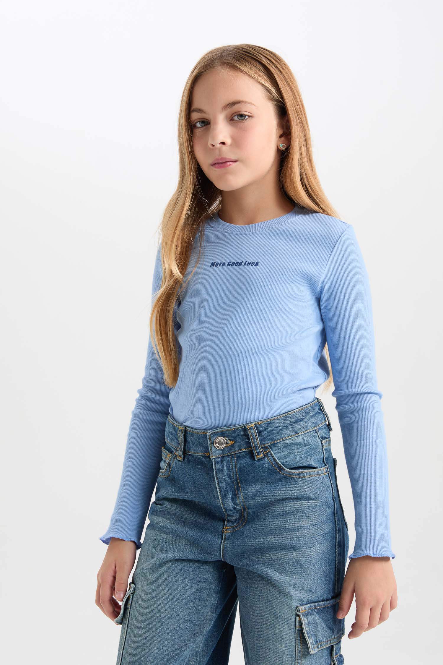 Kız Çocuk Bisiklet Yaka Baskılı Fitilli Kaşkorse Uzun Kollu Tişört