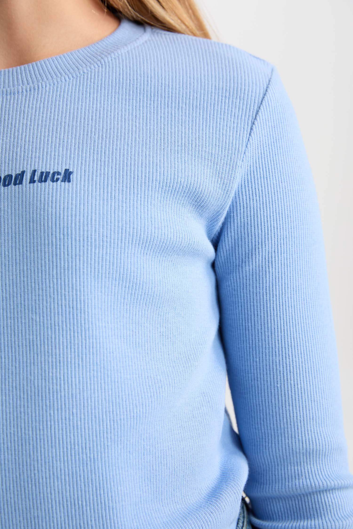 Kız Çocuk Bisiklet Yaka Baskılı Fitilli Kaşkorse Uzun Kollu Tişört