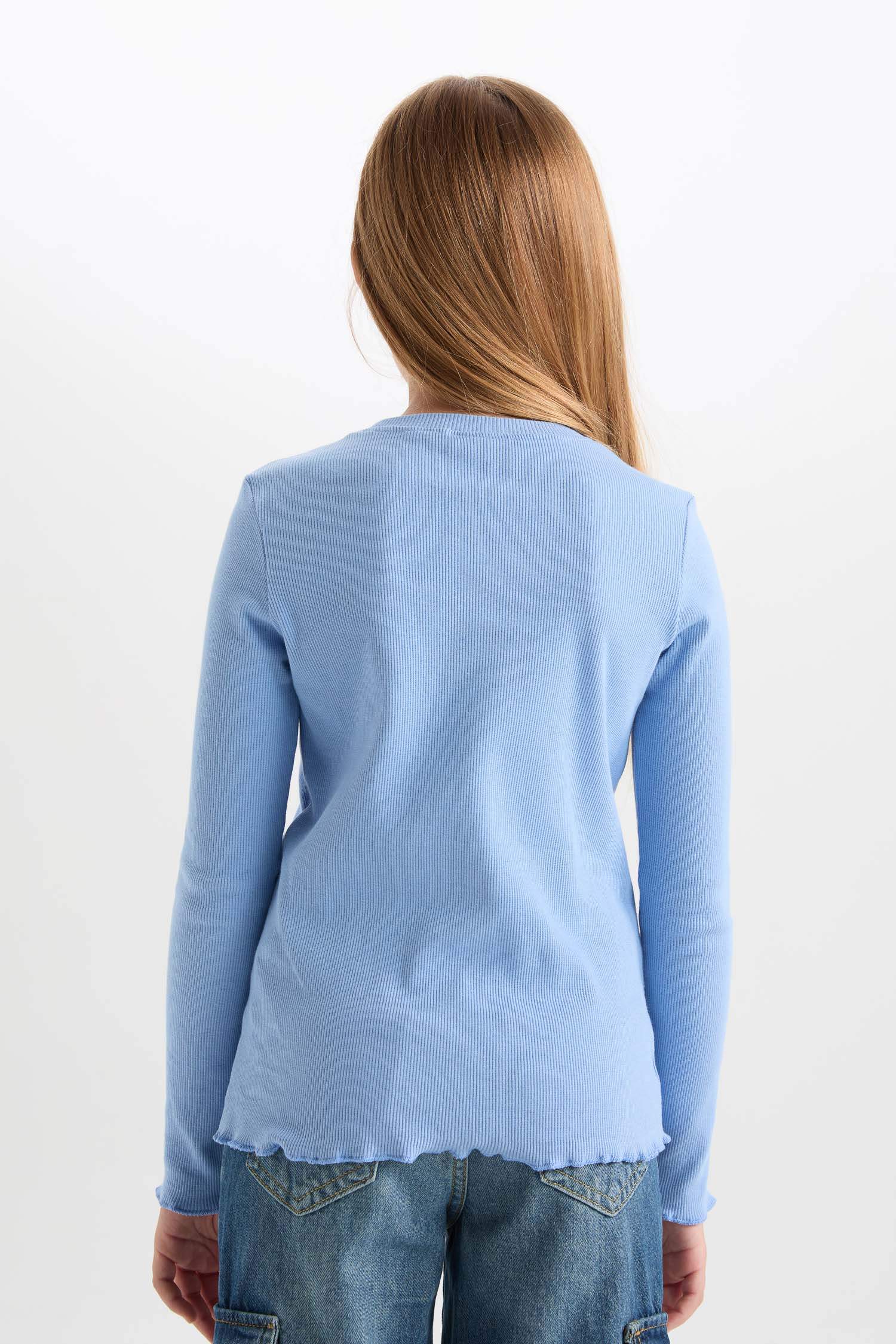 Kız Çocuk Bisiklet Yaka Baskılı Fitilli Kaşkorse Uzun Kollu Tişört