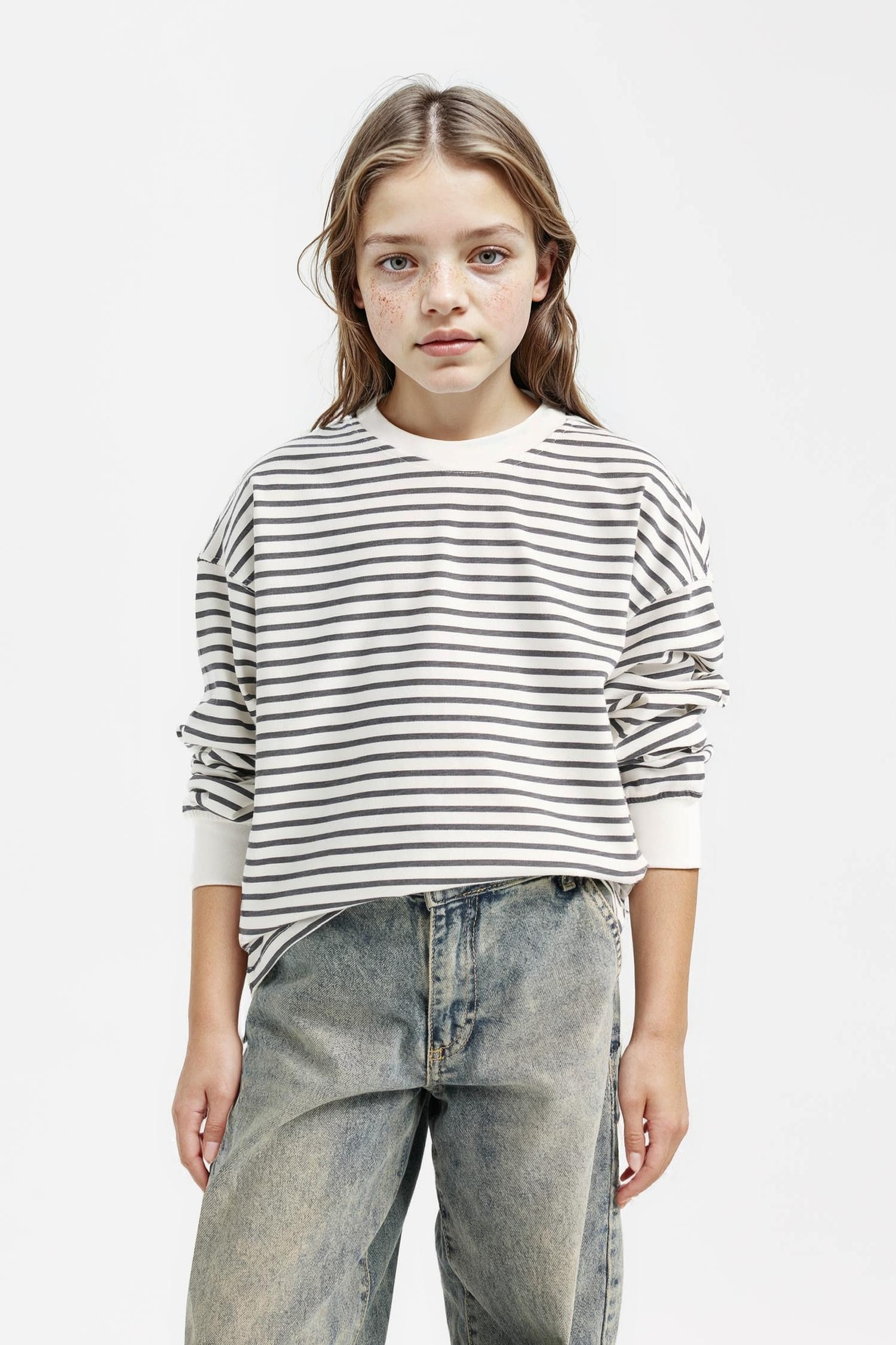 Kız Çocuk Relax Fit Bisiklet Yaka Çizgili Sweatshirt