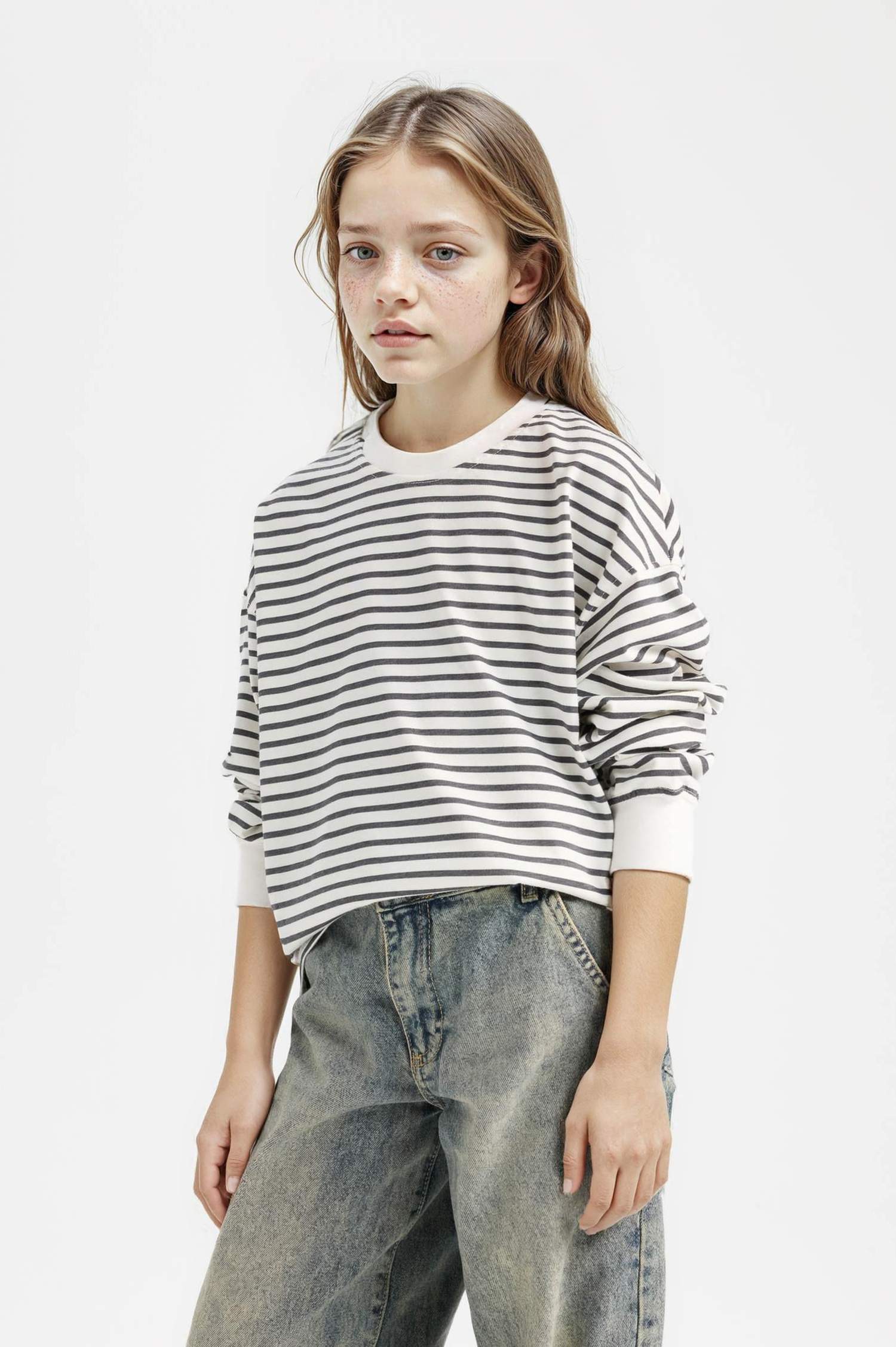 Kız Çocuk Relax Fit Bisiklet Yaka Çizgili Sweatshirt