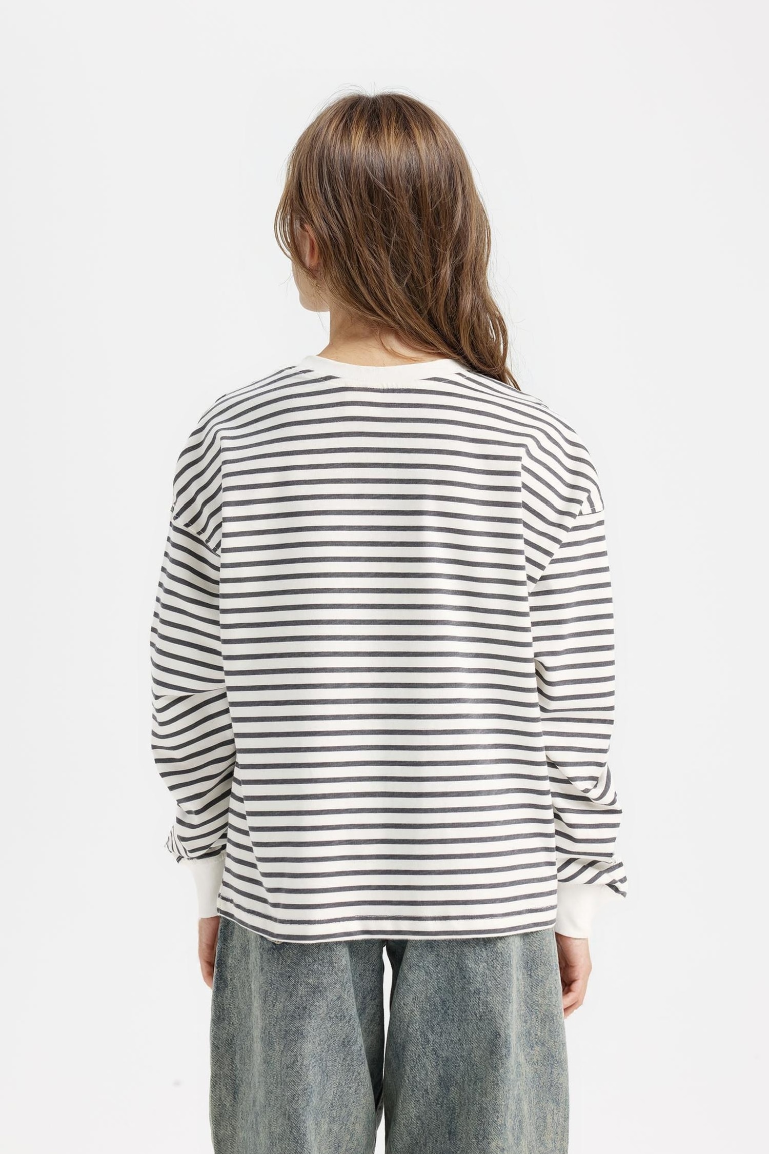 Kız Çocuk Relax Fit Bisiklet Yaka Çizgili Sweatshirt