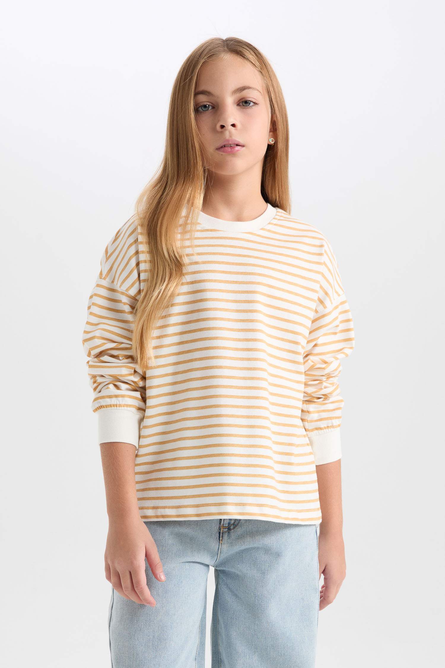 Kız Çocuk Relax Fit Bisiklet Yaka Çizgili Sweatshirt