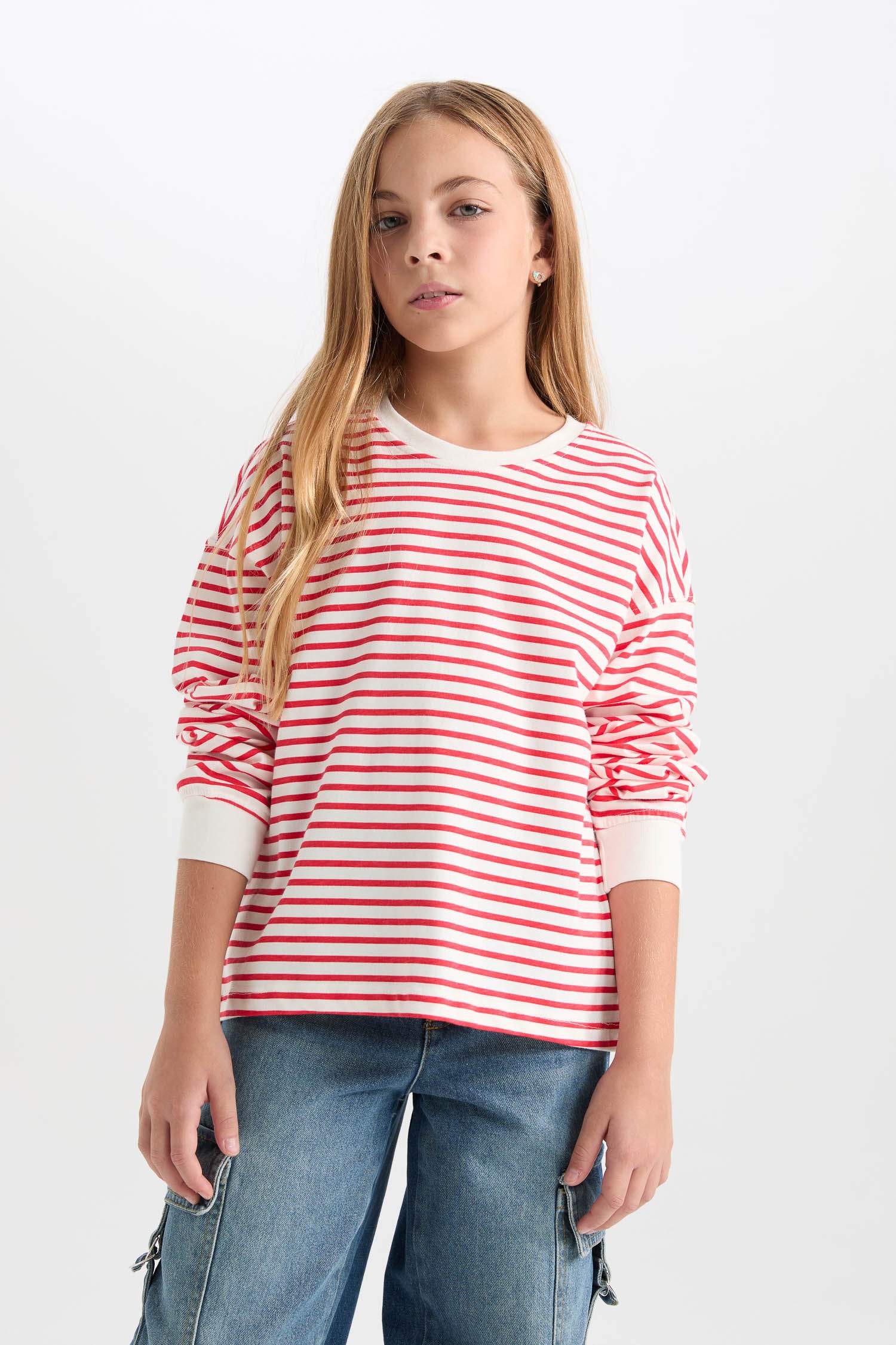 Kız Çocuk Relax Fit Bisiklet Yaka Çizgili Sweatshirt