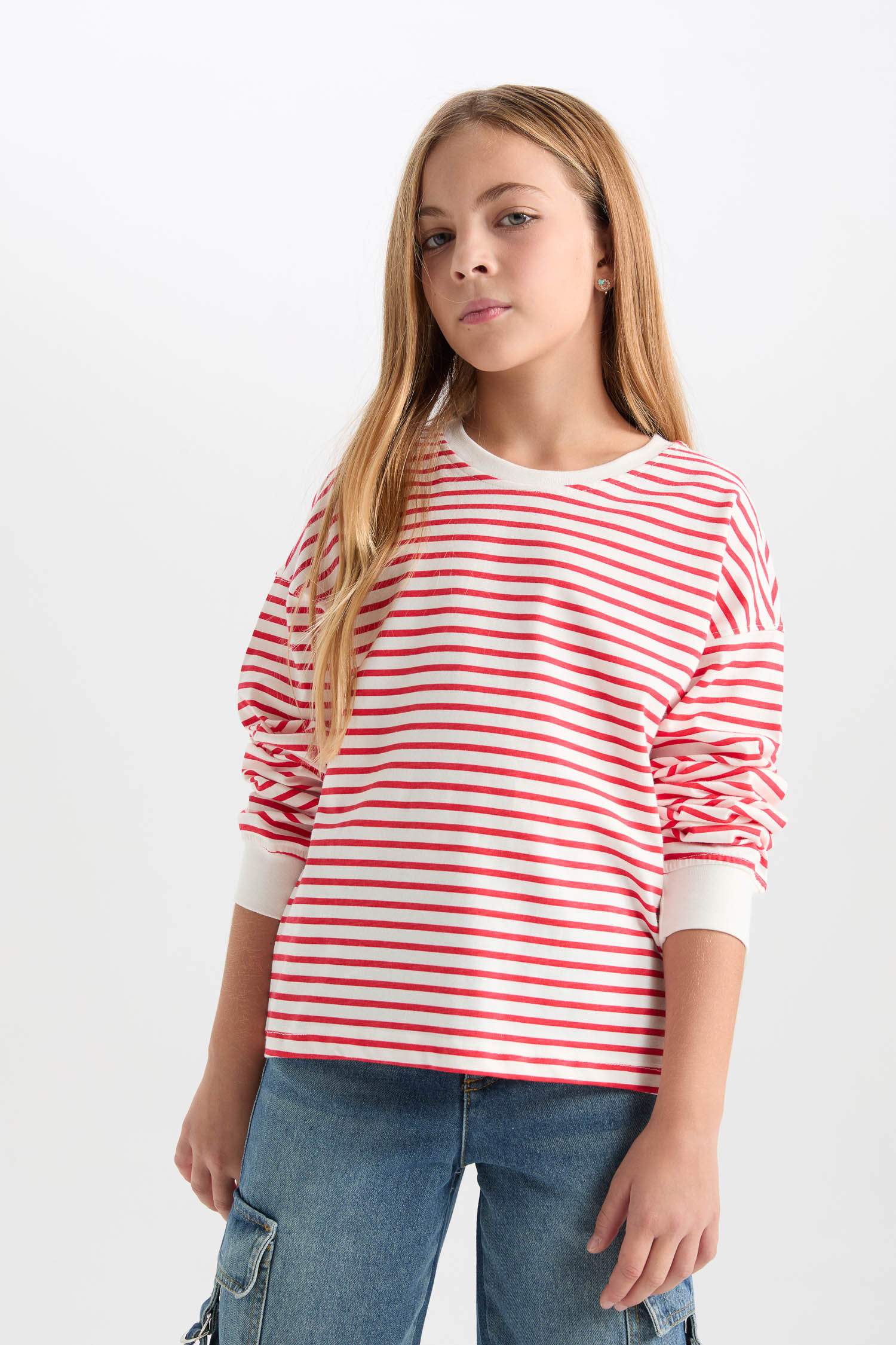 Kız Çocuk Relax Fit Bisiklet Yaka Çizgili Sweatshirt