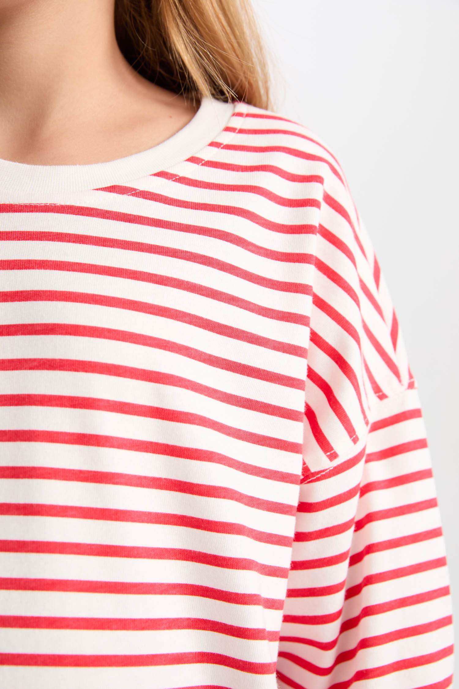 Kız Çocuk Relax Fit Bisiklet Yaka Çizgili Sweatshirt