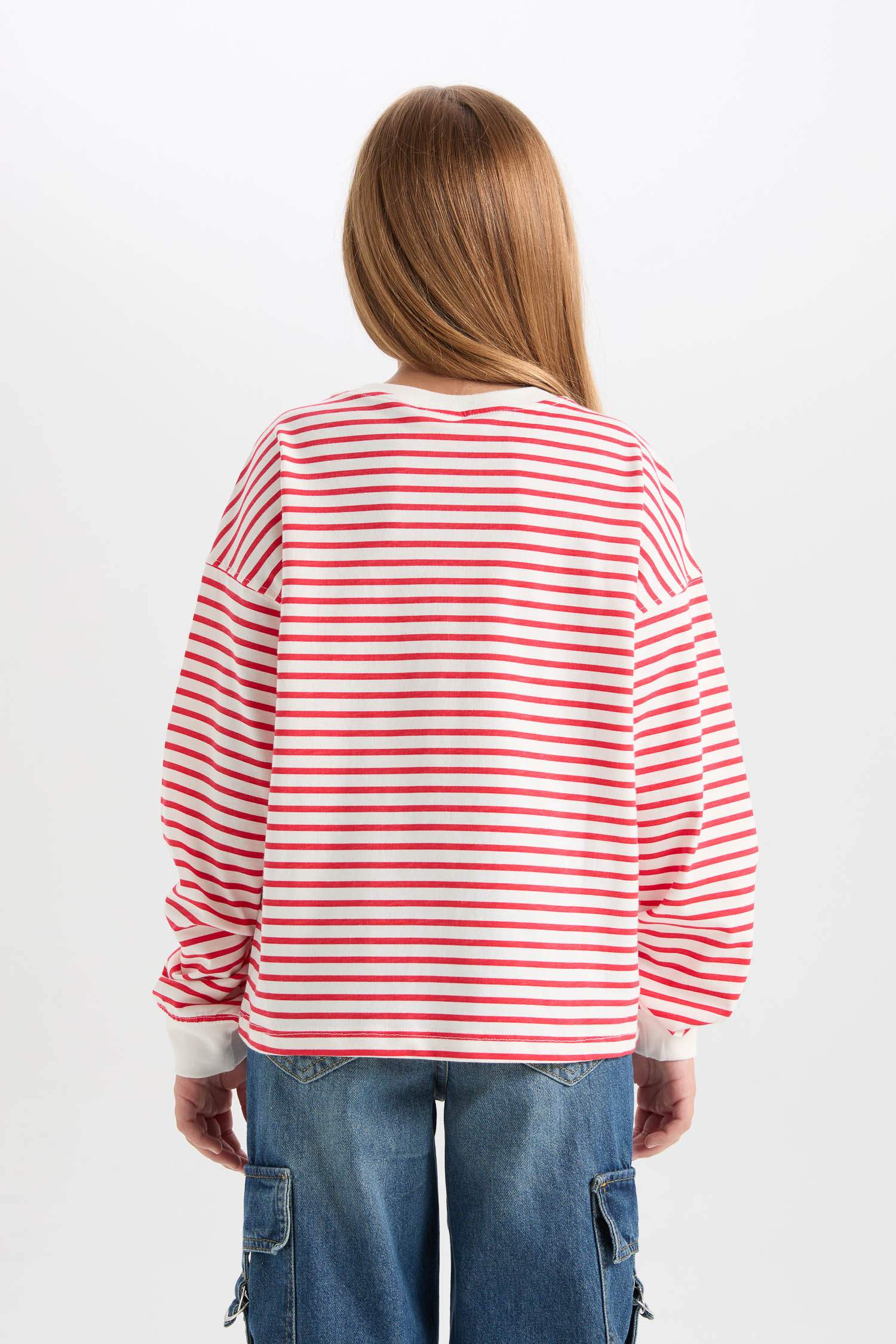 Kız Çocuk Relax Fit Bisiklet Yaka Çizgili Sweatshirt